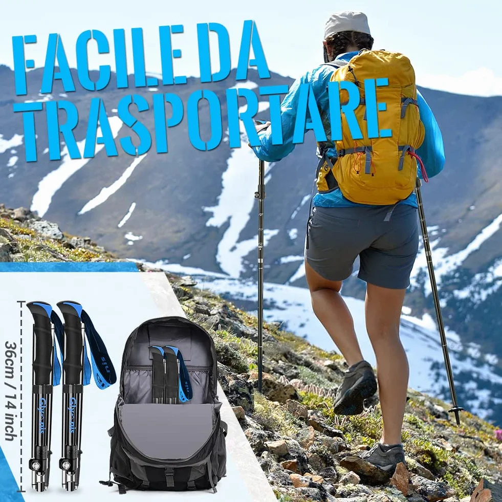 Bastoncini da Trekking Pieghevoli Antiurto 110-130cm Alluminio 7075 Impugnatura Eva Punta Carburo di Tungsteno 1 Paio