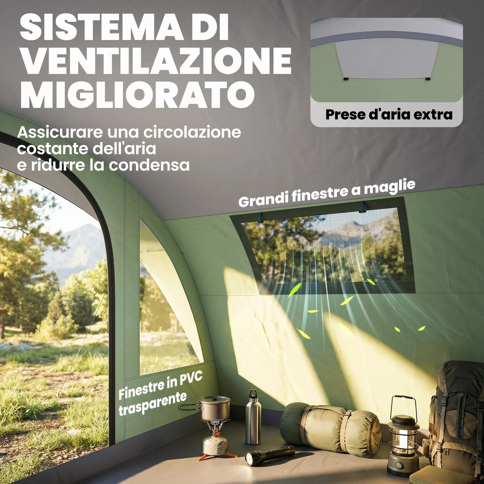 Outsunny Tenda Campeggio a Tunnel 5 Persone 196cm 2 Stanze Impermeabile 3000mm Verde Chiaro