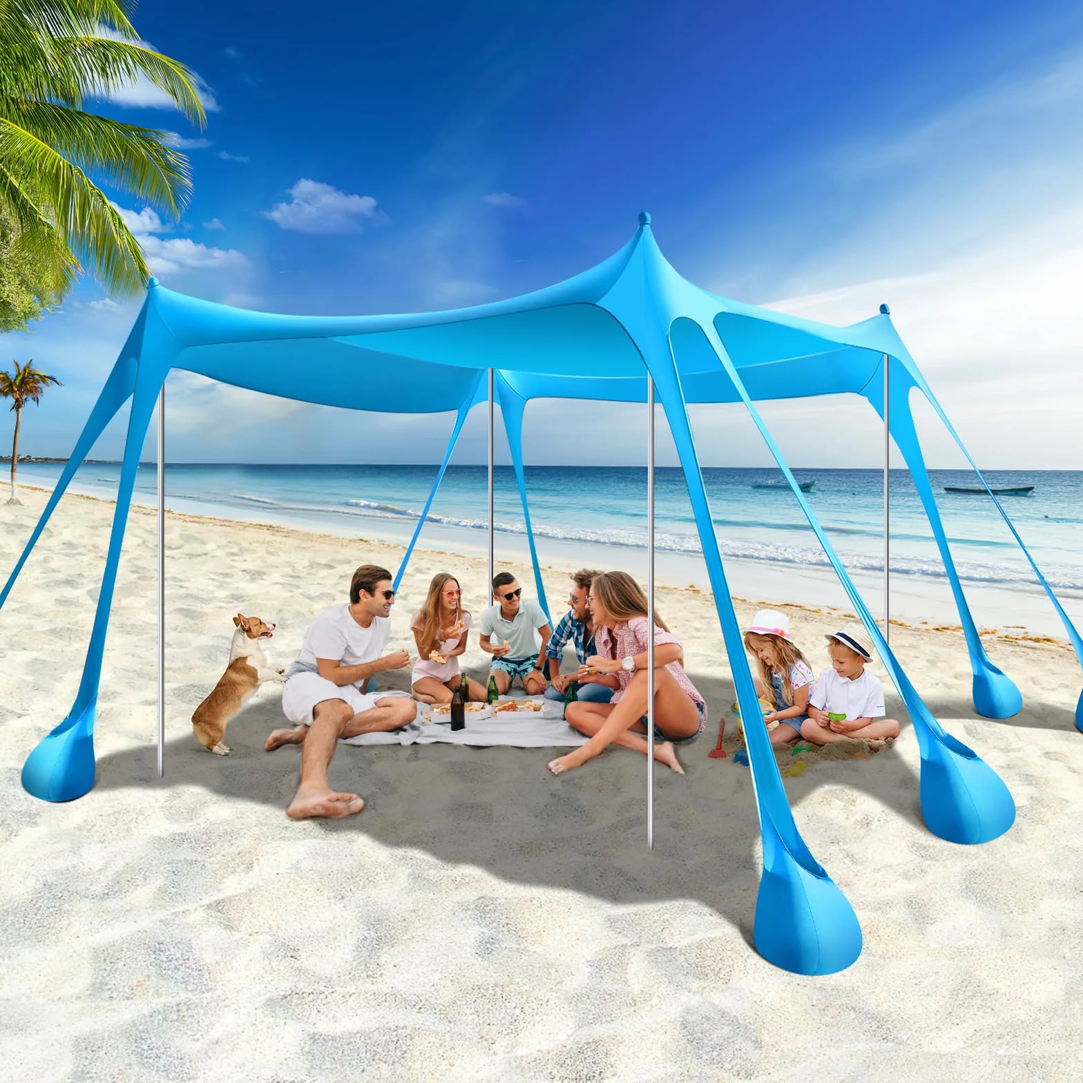 Rhino Valley 3x3m Tenda da Spiaggia Ultra Stabile Portatile, Protezione UV UPF50+ Tenda da Mare Super Antivento con 8 Ancoraggi a Sabbia Riempibili e 4 Aste in Alluminio