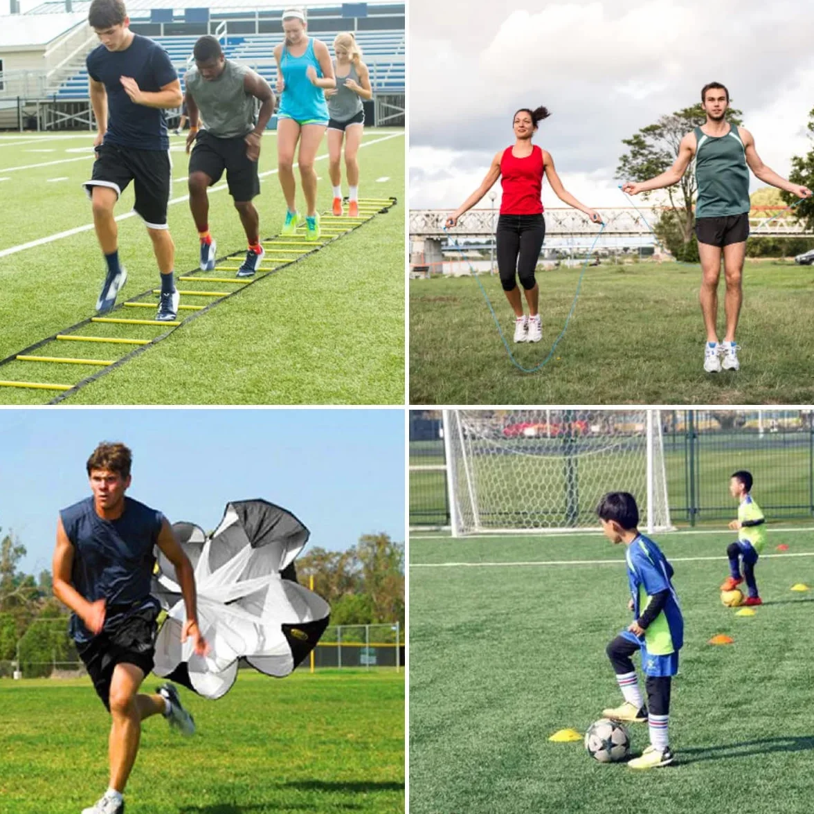 Kit Allenamento Calcio 6M con 4 Chiodo da Terra, 10 Cinesini, 5 Fasce di Resistenza, Corda per Saltare