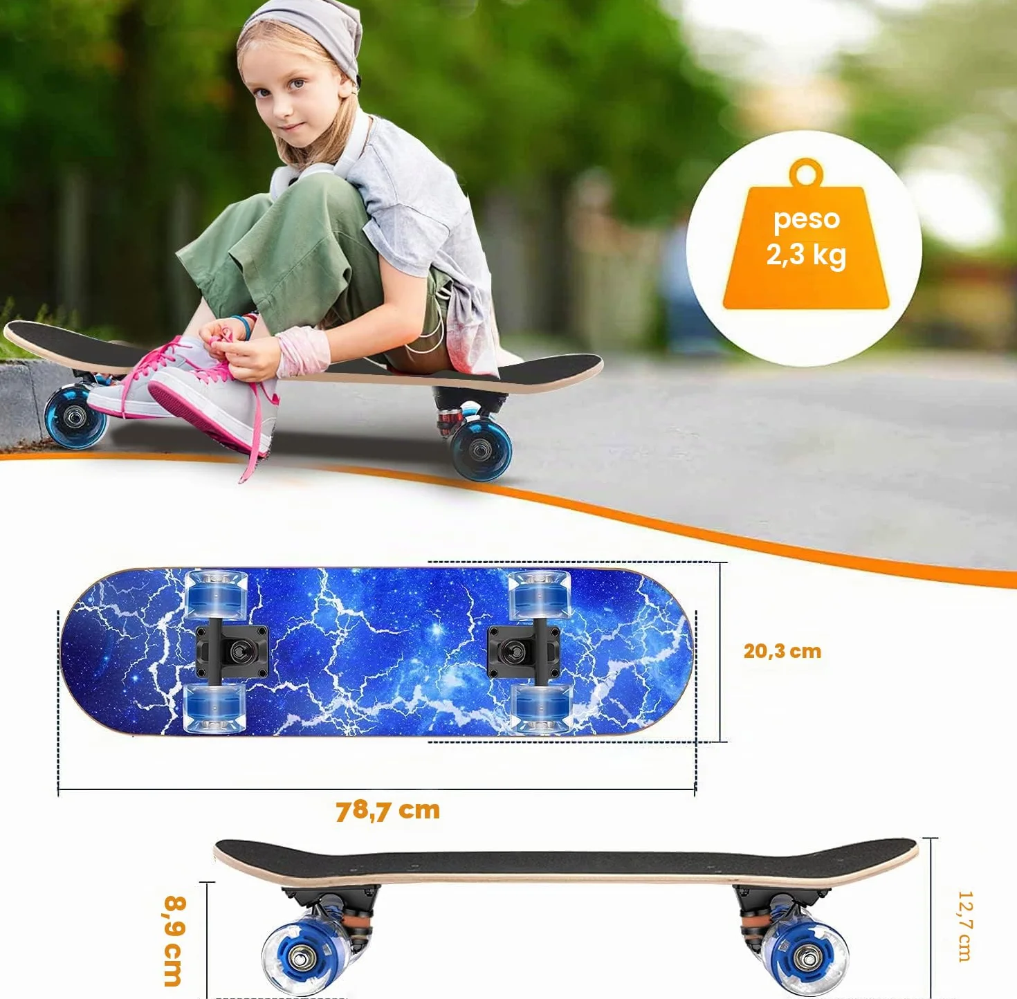 Skateboard con ruote colorate lampeggianti per principianti, bambini, adolescenti e adulti, skateboard standard in acero a 9 strati