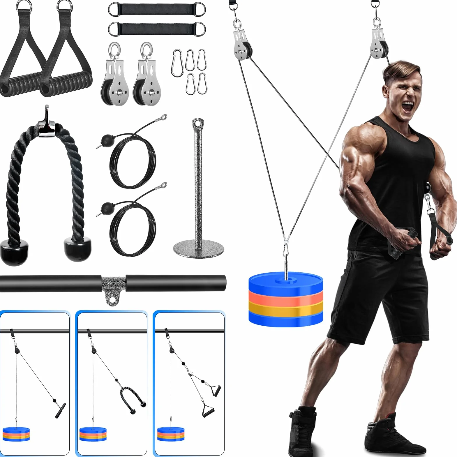 Carrucola Palestra di LAT Machine Casa, 3 in 1 Attrezzatura Cavi Puleggia Palestra con Doppio Cavo a Carrucola, Fitness Attrezzo Set Tricipiti Bicipiti Allenamento in Casa