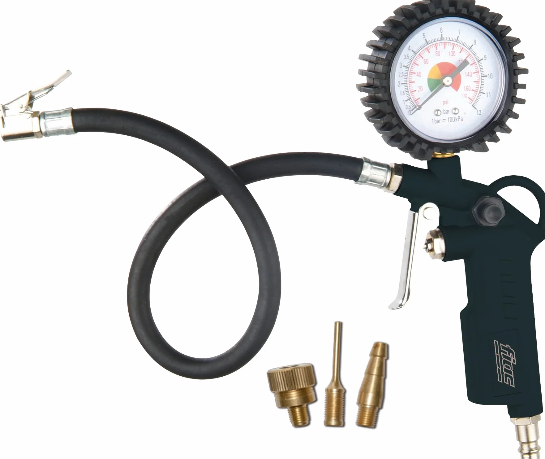 FIAC Pistola Gonfiaggio Pneumatici per Compressore, Inclusi Gonfiagomme con Manometro e 3 Punte di Gonfiaggio, Gonfiagomme con Design Compatto, Pressione Max. 8 Bar, Nero