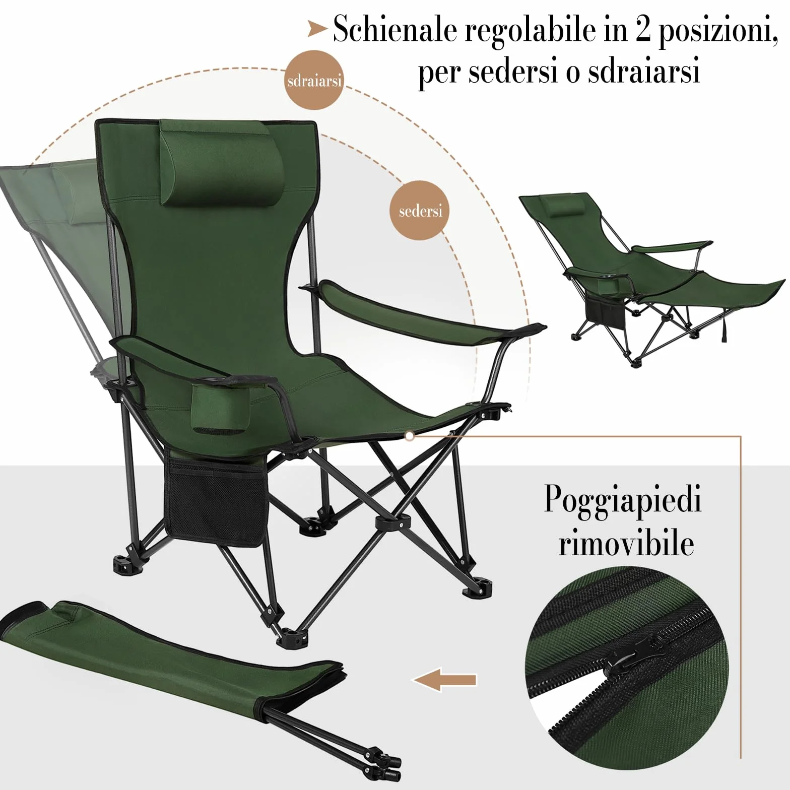 WOLTU Set di 2 Sedie da Campeggio Portatile Reclinabile con Poggiapiedi e Borsa da Trasporto, Verde