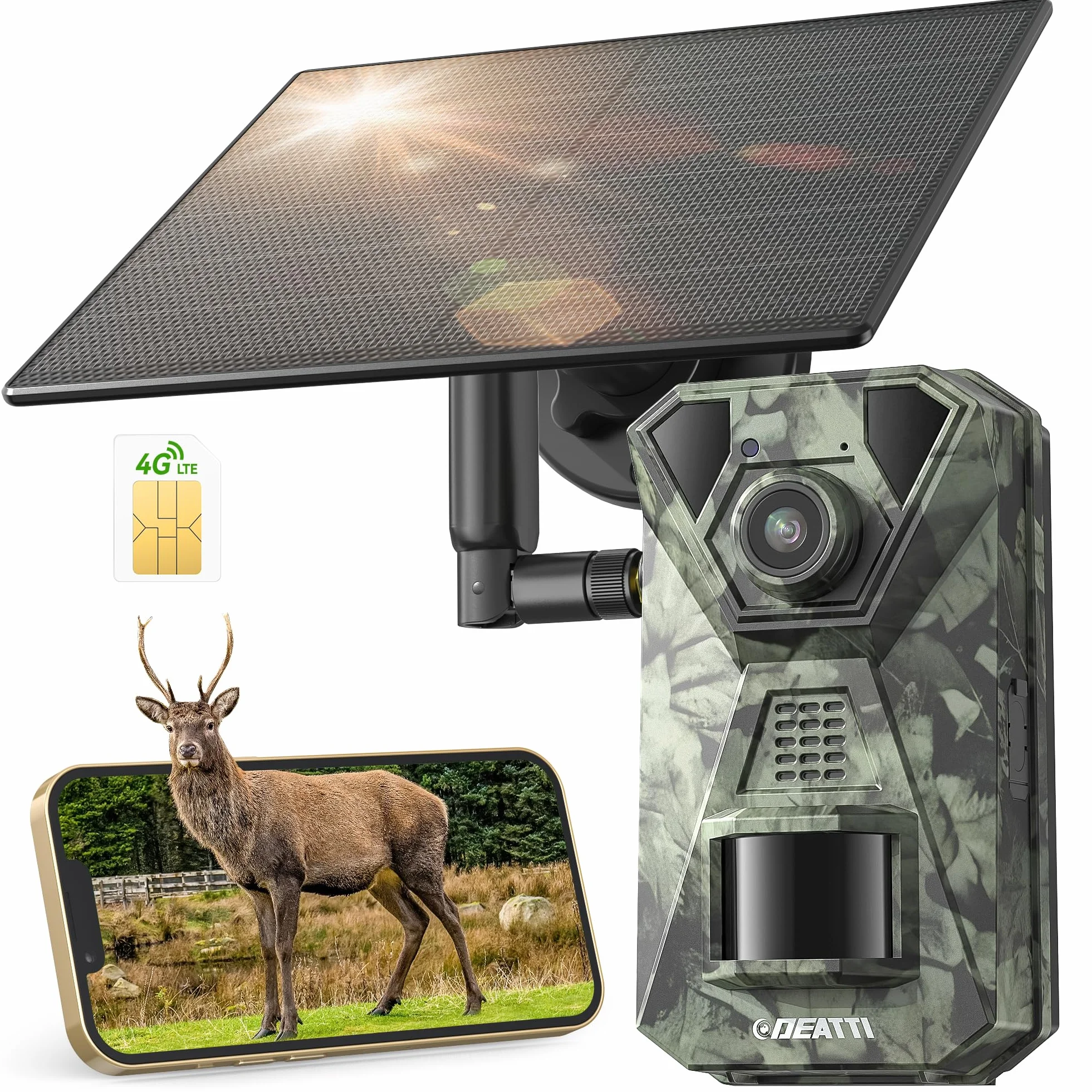 DEATTI Solare Fotocamera da Caccia 4G LTE con Sim 0,1S 7800 mAh IP65