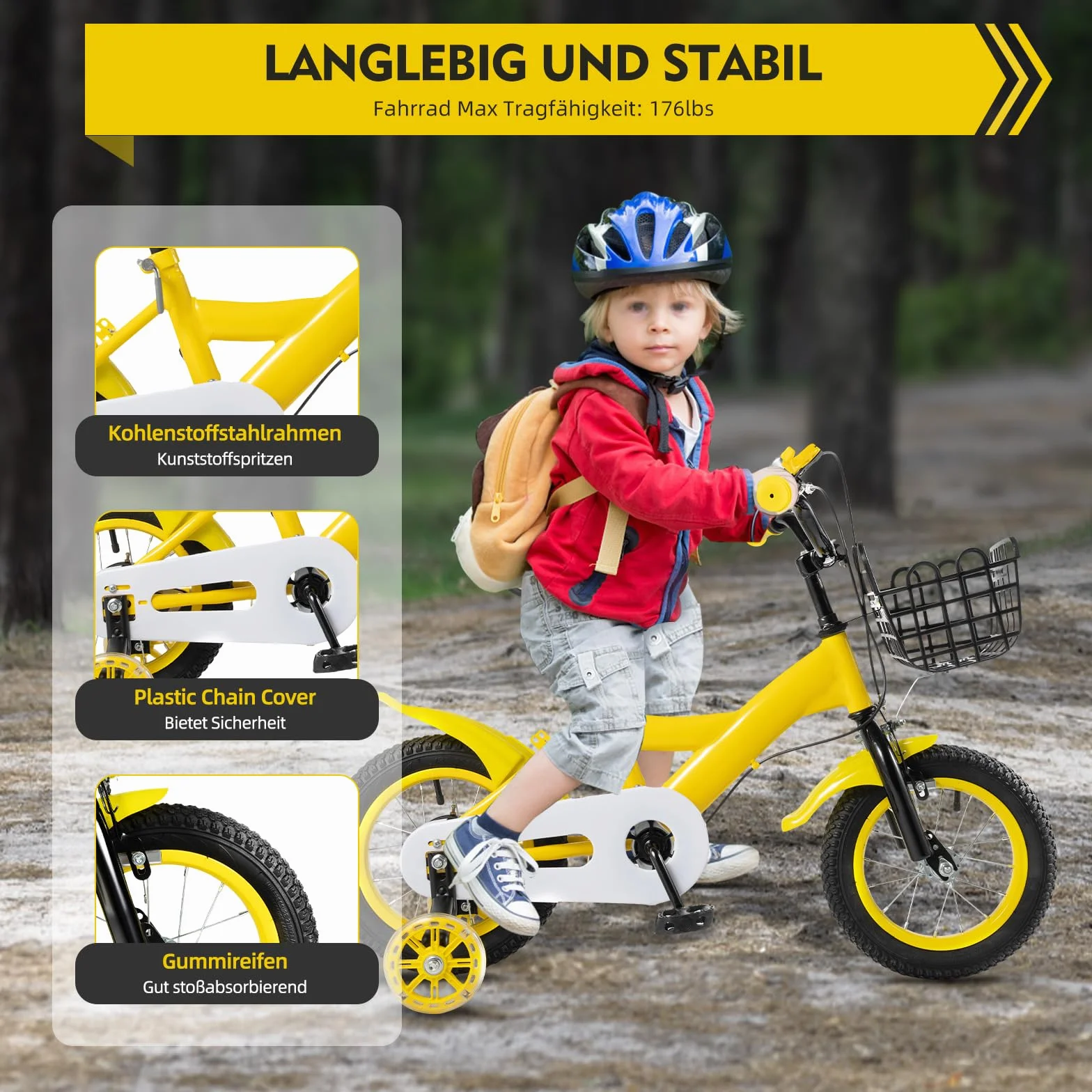 Bicicletta bambini 12 pollici ruote sostegno regolabile altezza cestino campanello