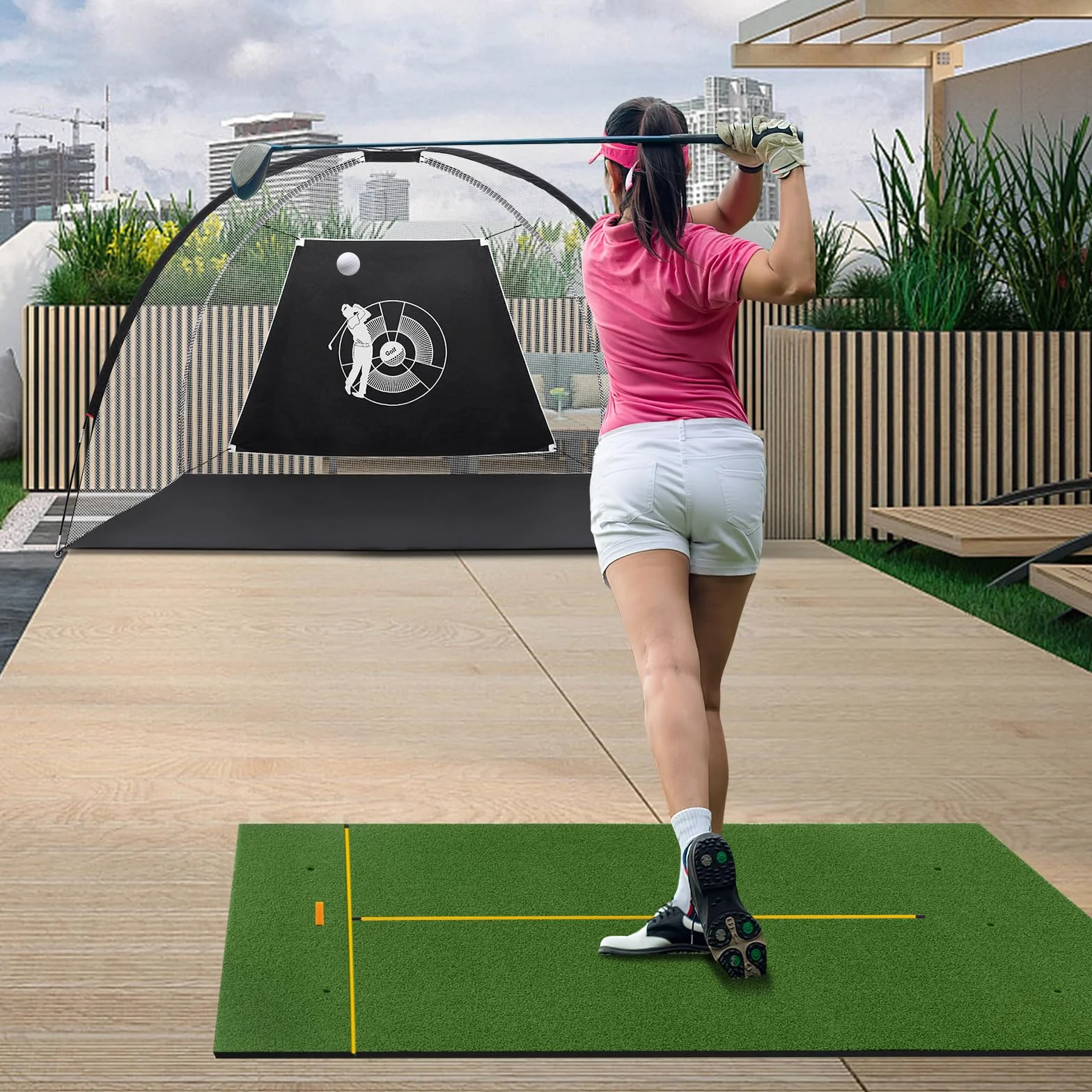 COSTWAY Tappetino da Allenamento Golf 3-in-1 con Erba Sintetica, 2 Punte e Astine di Allineamento