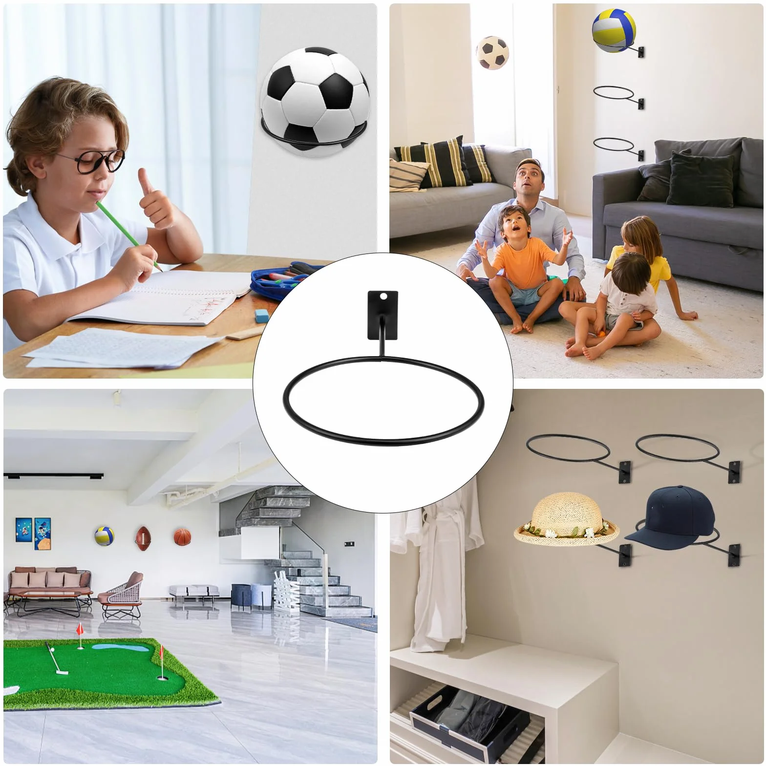 Supporto Per Pallone Da Parete Nero 8 Pezzi Espositore Pallacanestro Calcio Pallavolo Rugby