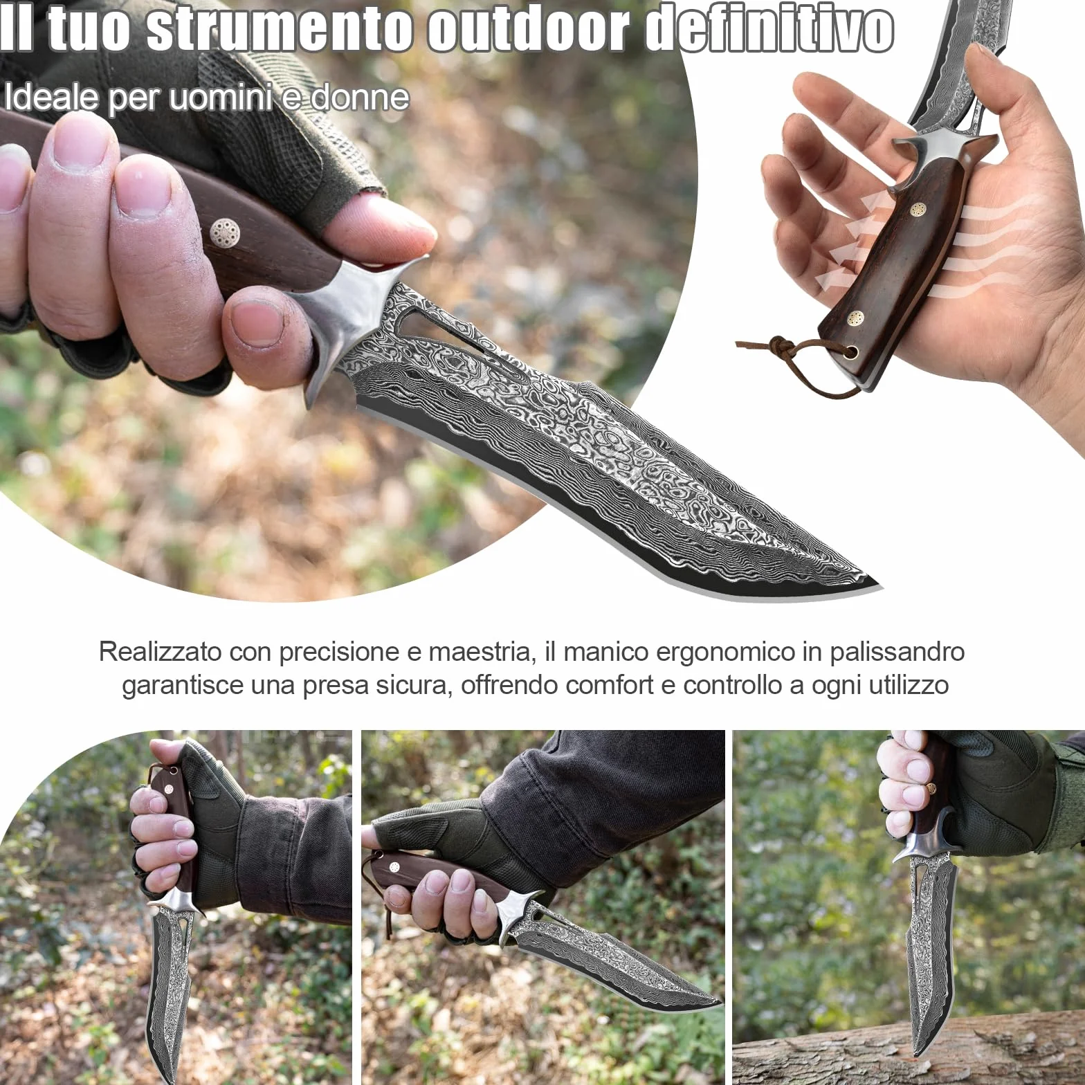 Coltello Outdoor in Acciaio Damasco 26,4 cm con Fodero, Lama Fissa Artigianale VG10, Manico in Legno, per Camping, Bushcraft e Attività all’Aperto