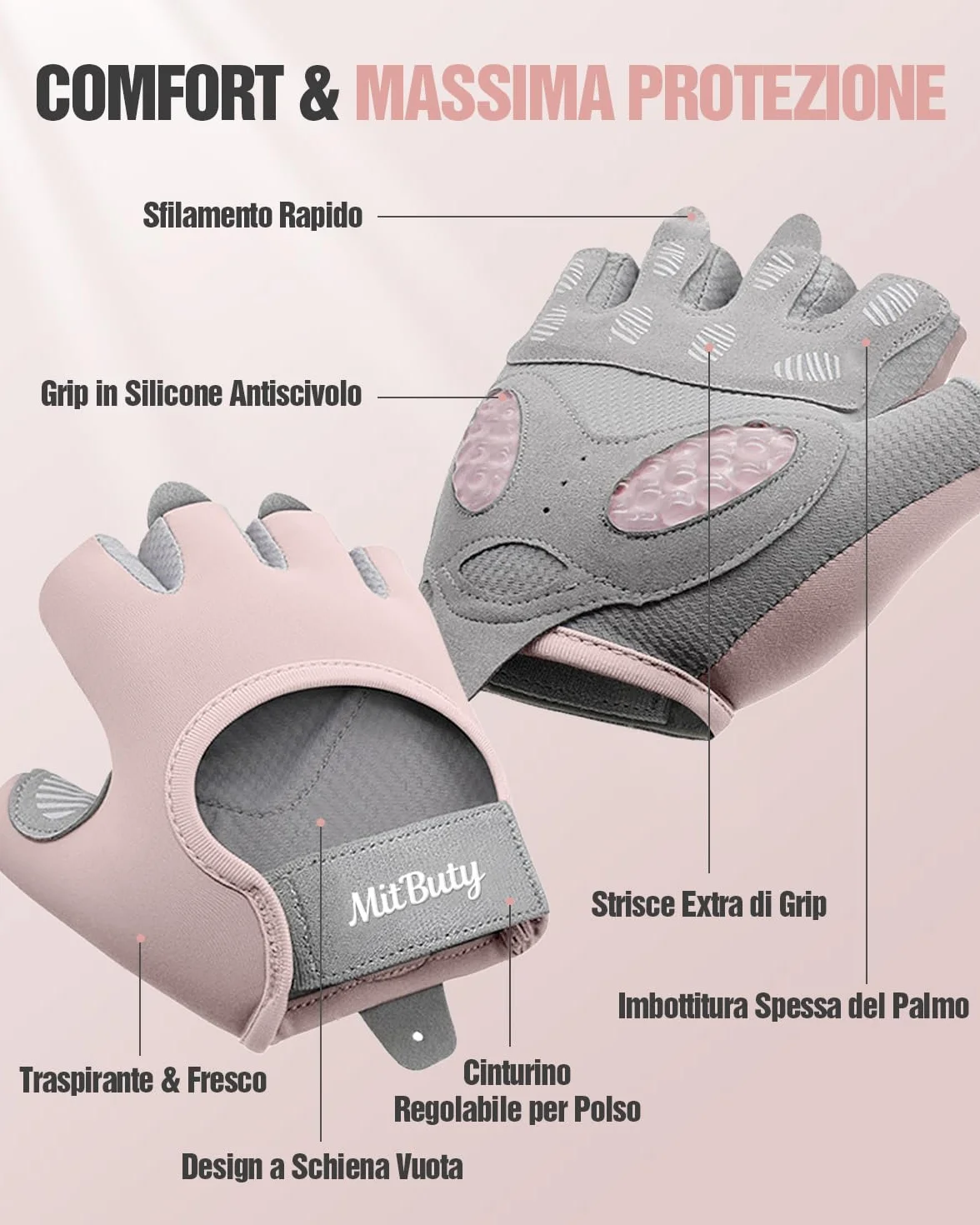 Guanti Palestra Senza Dita per Sollevamento Pesi, CrossFit, Fitness, Palmo Antiscivolo in Silicone