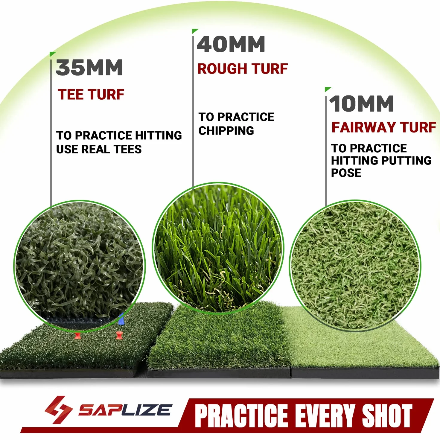 SAPLIZE Tapis de Golf Pliable 3 en 1 76 x 38 cm Tri-Turf pour Entraînement Driving Chipping Putting