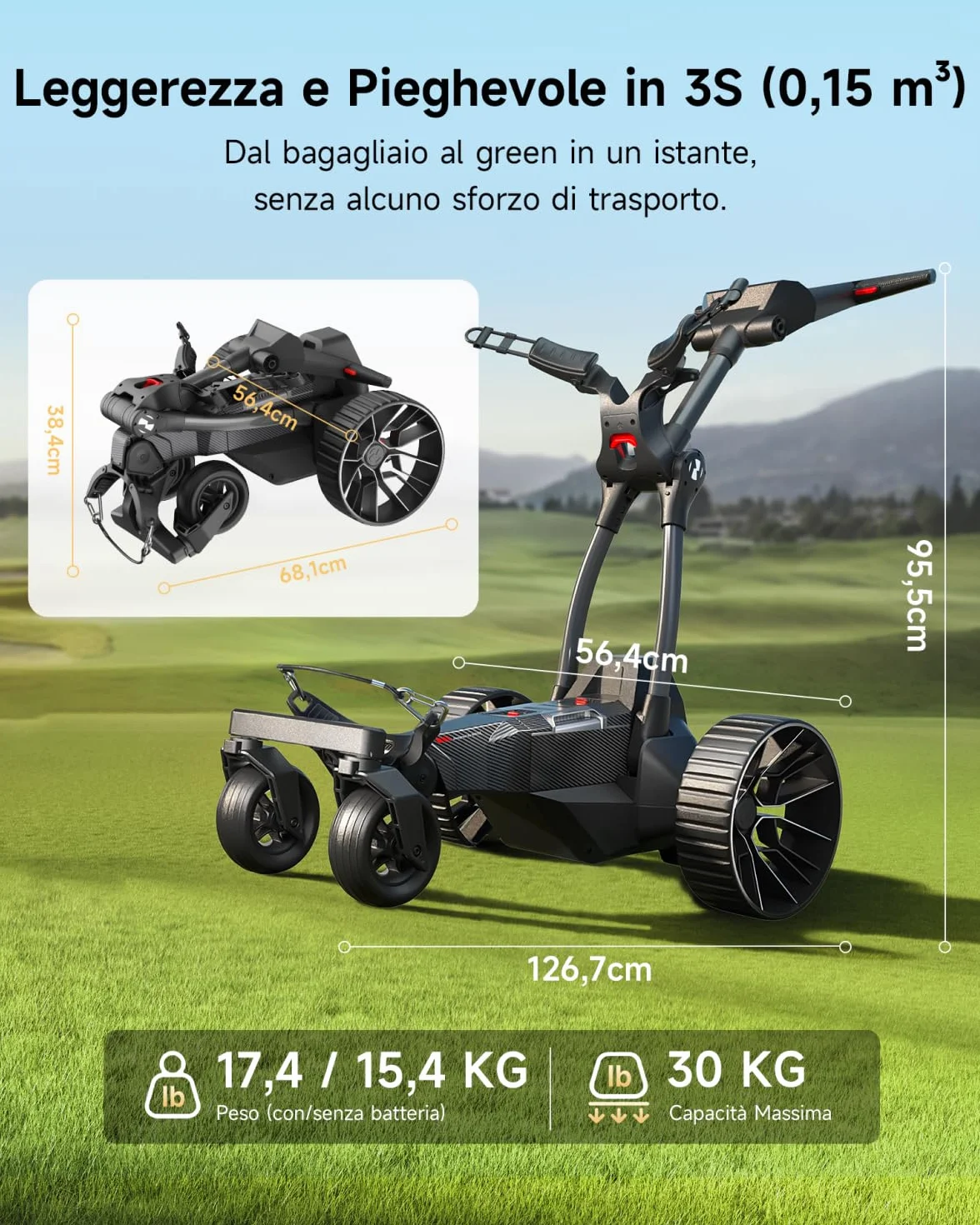 NAVEE Birdie 3 Carrello da Golf Elettrico Telecomandato Follow-Me UWB Autonomia 36 fori Doppio motore 240W*2 Pieghevole 4+1 Ruote All Terreno