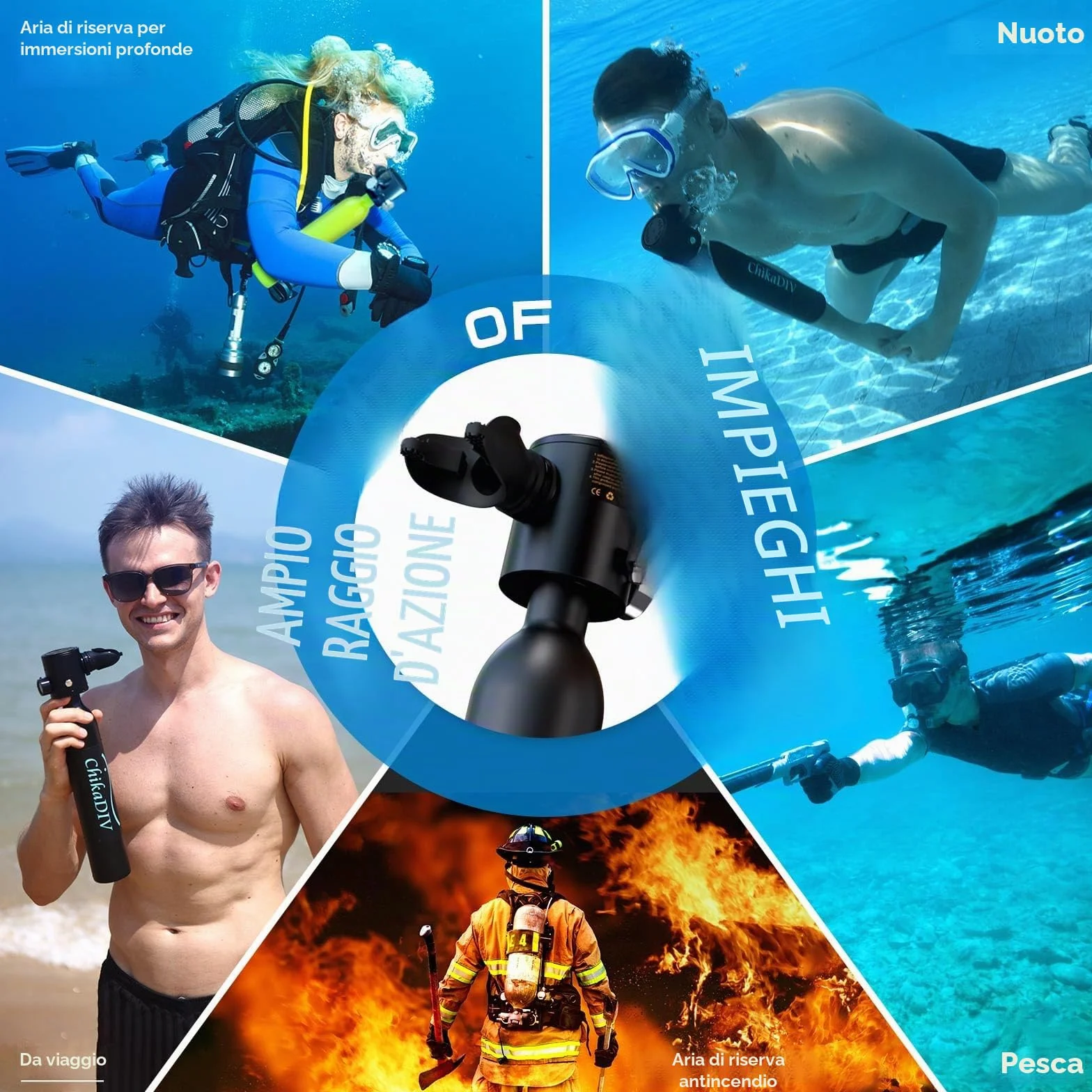 Mini Bombola Ossigeno Subacquea C300 0.5L Alluminio Aeronautico 5-10 Min Portatile Snorkeling