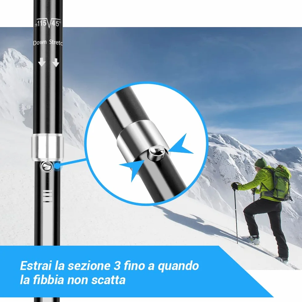 Bastoncini da Trekking Pieghevoli Antiurto 110-130cm Alluminio 7075 Impugnatura Eva Punta Carburo di Tungsteno 1 Paio