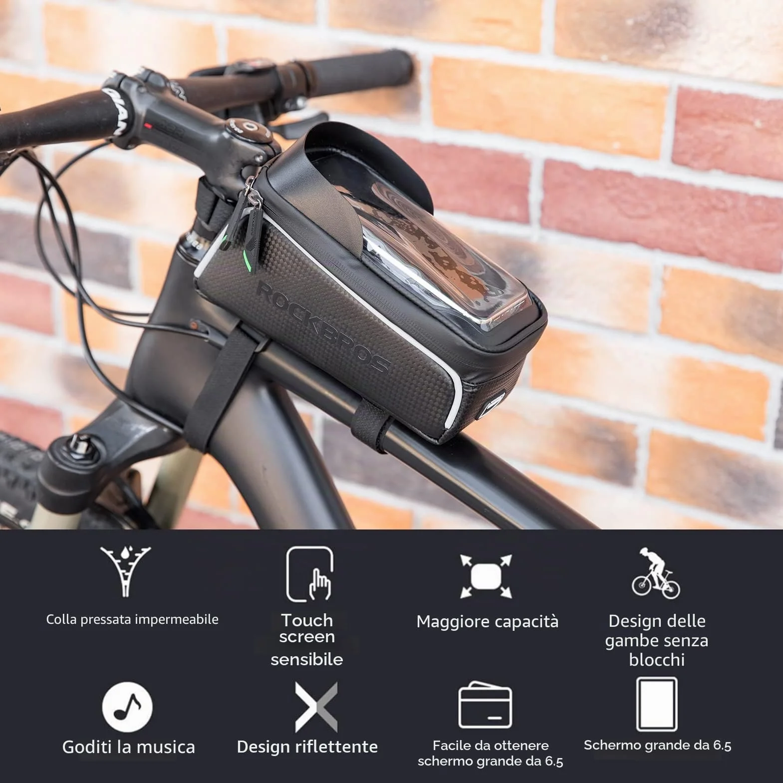 Borsa Telaio Bici ROCKBROS Idrorepellente Manubrio 1.5L Support Cellulare TPU Touchscreen 6.5" Copertura Anti-pioggia
