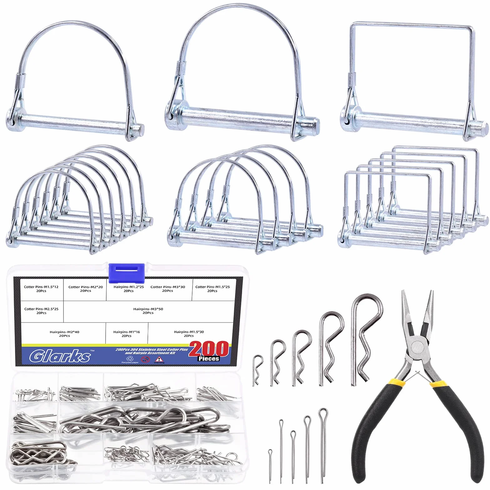 Glarks Set di 216 perni cardanici per albero di bloccaggio e coppette R clip, 1/4 ", 5/16", camion, tosaerba