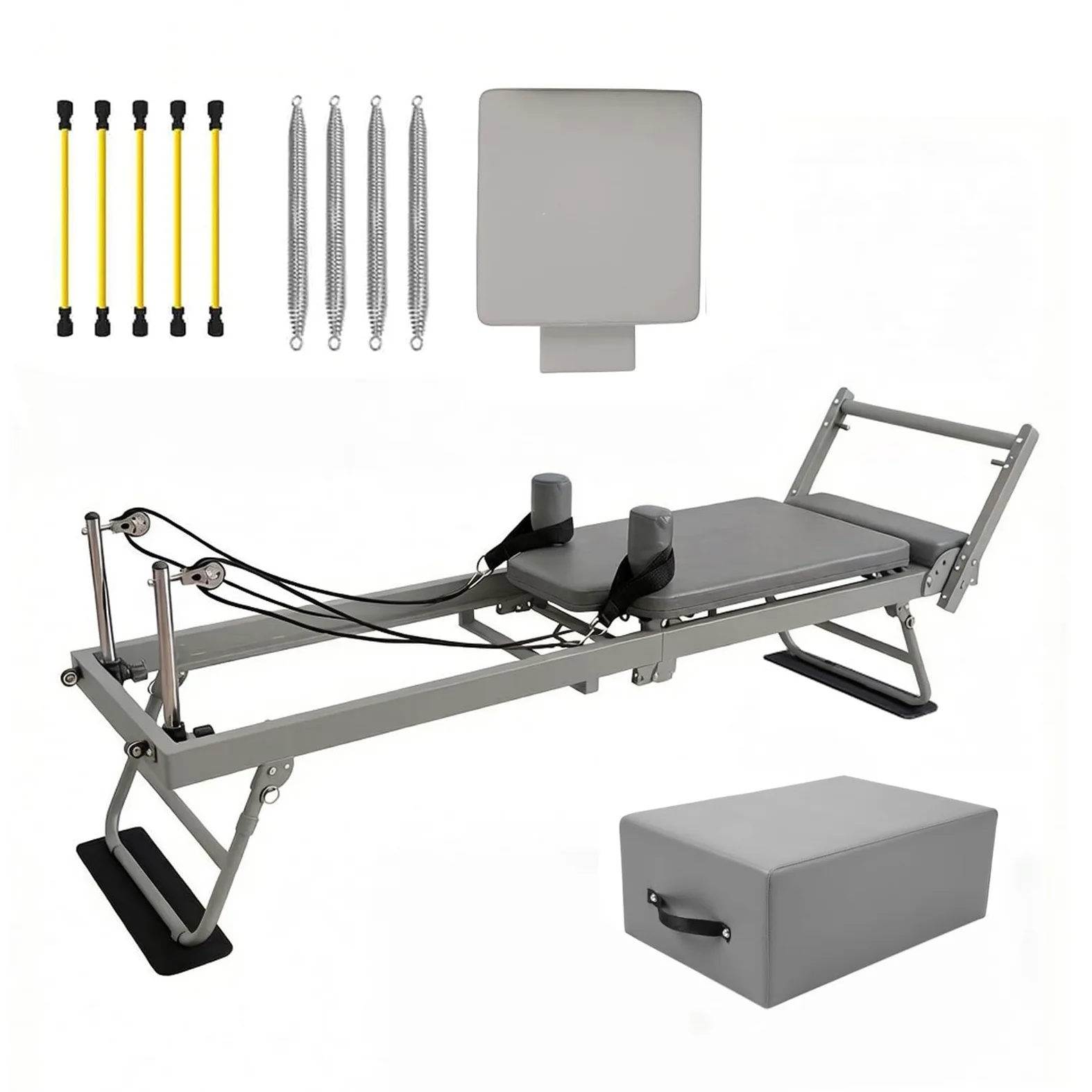 Pilates Reformer - Macchina Pieghevole con 4 Molle e 5 Corde, Macchina Pilates Pieghevole Professionale per Casa e Studio, Portata Fino a 120 kg,Grey-10box