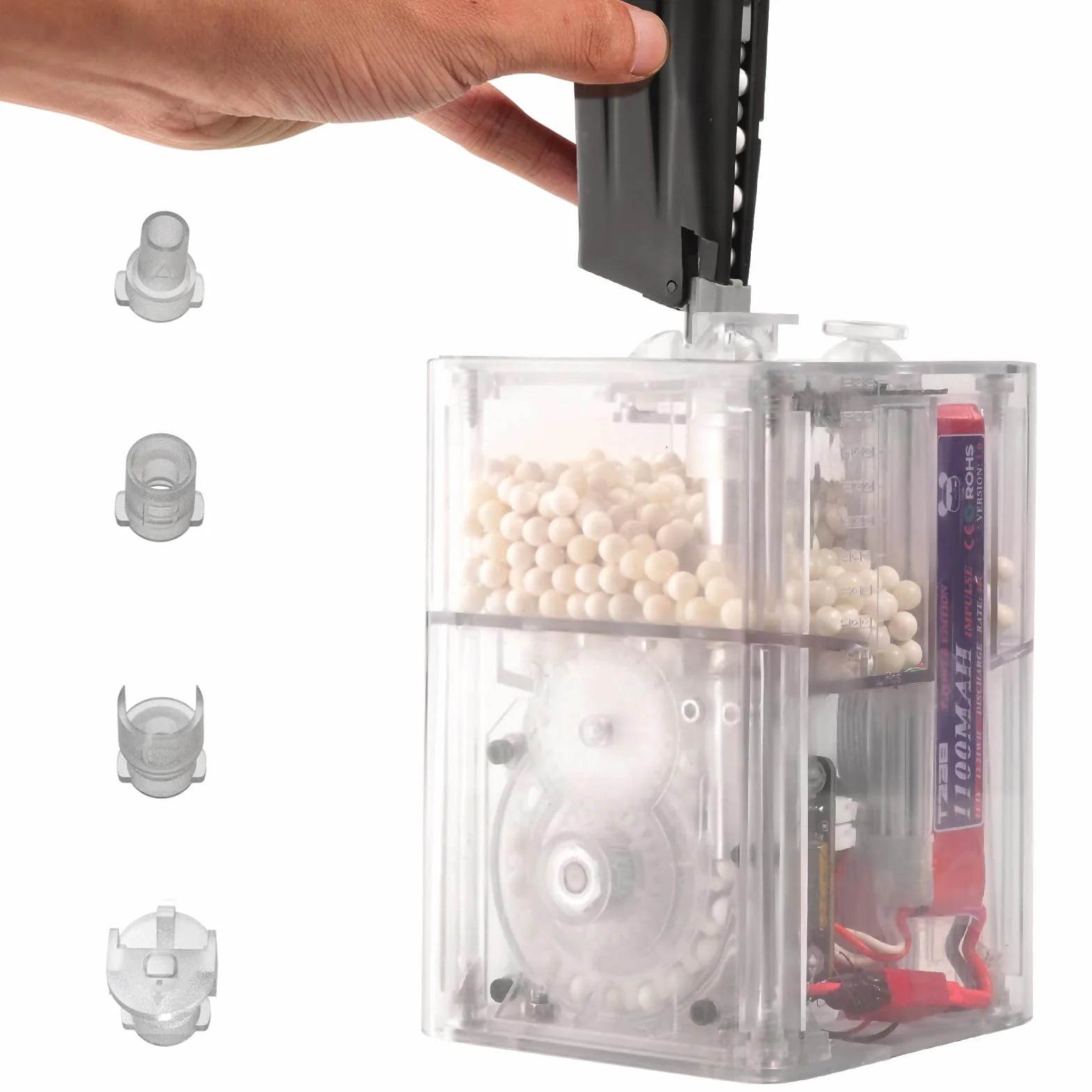 Softair Speedloader PRO: caricatore automatico caricatore, 21 BBS/s, OLED, capacità 1800rd, 4 adattatori, protezione antibloccaggio, inclusa batteria da 11,1 V 1100 mAh