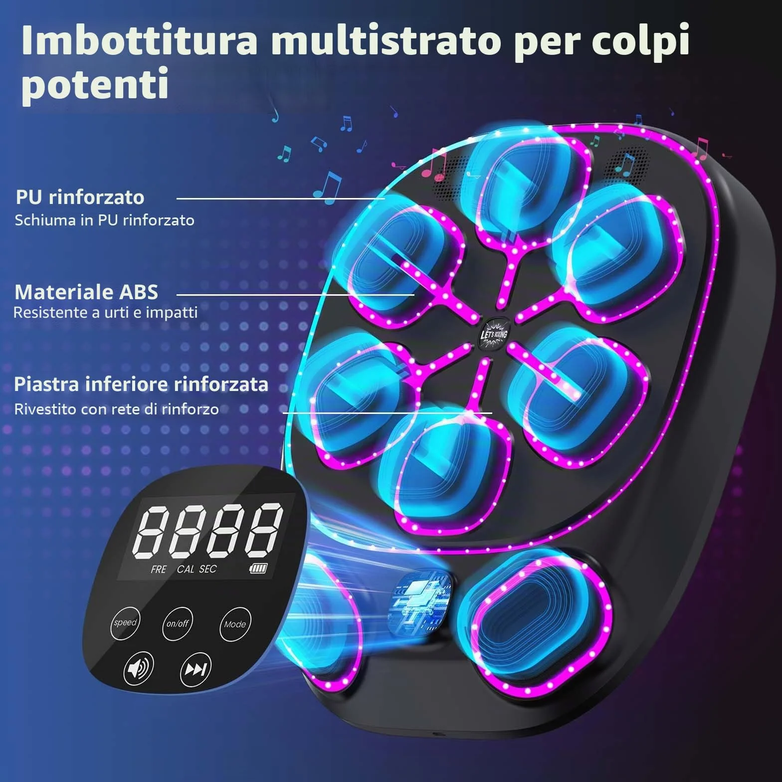 Macchina da Boxe Musicale con luci LED, Bluetooth, 9 modalità di velocità e Funzione di conteggio – Macchina da Boxe Elettronica per Bambini e Adulti – Boxe Musicale per casa e Palestra