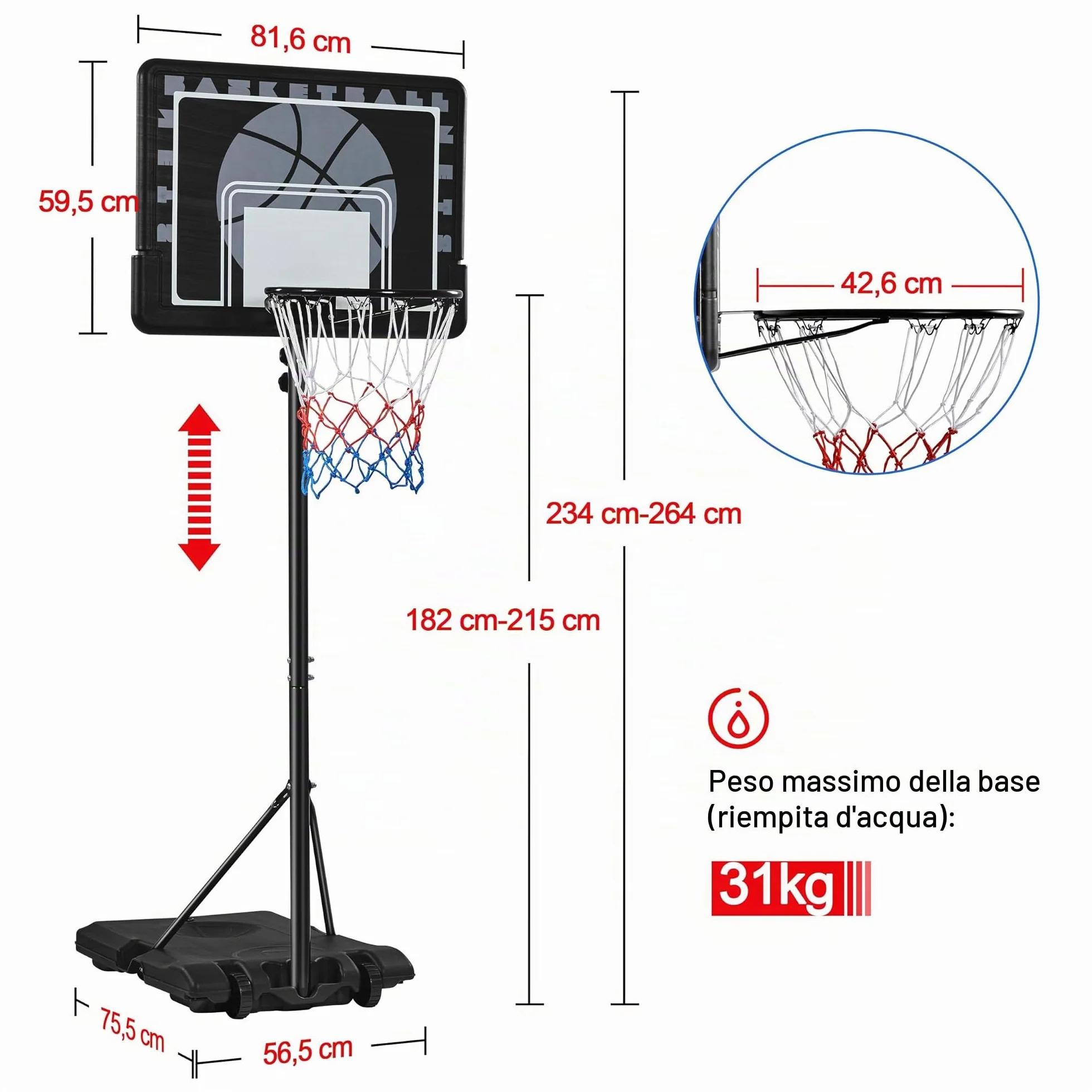 Yaheetech Canestro Basket Esterno Interno in HDPE e Metallo con Colonna Tabellone Canestro