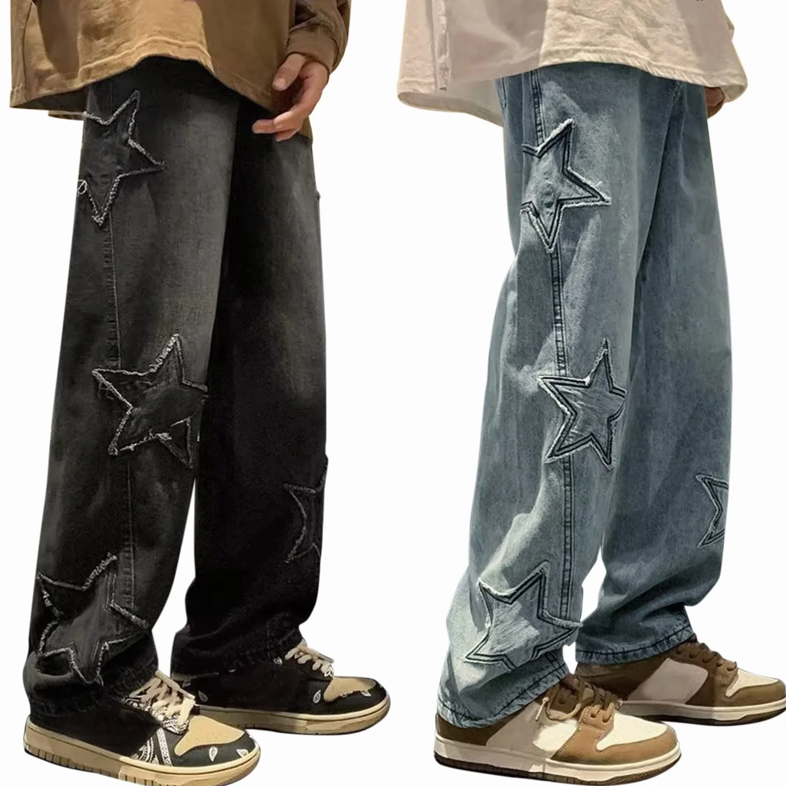 Baggy Jeans Uomo con Stelle Stampate Jeans Patchwork Pantaloni Denim Hip Hop Vintage Y2K Straight Leg Streetwear
