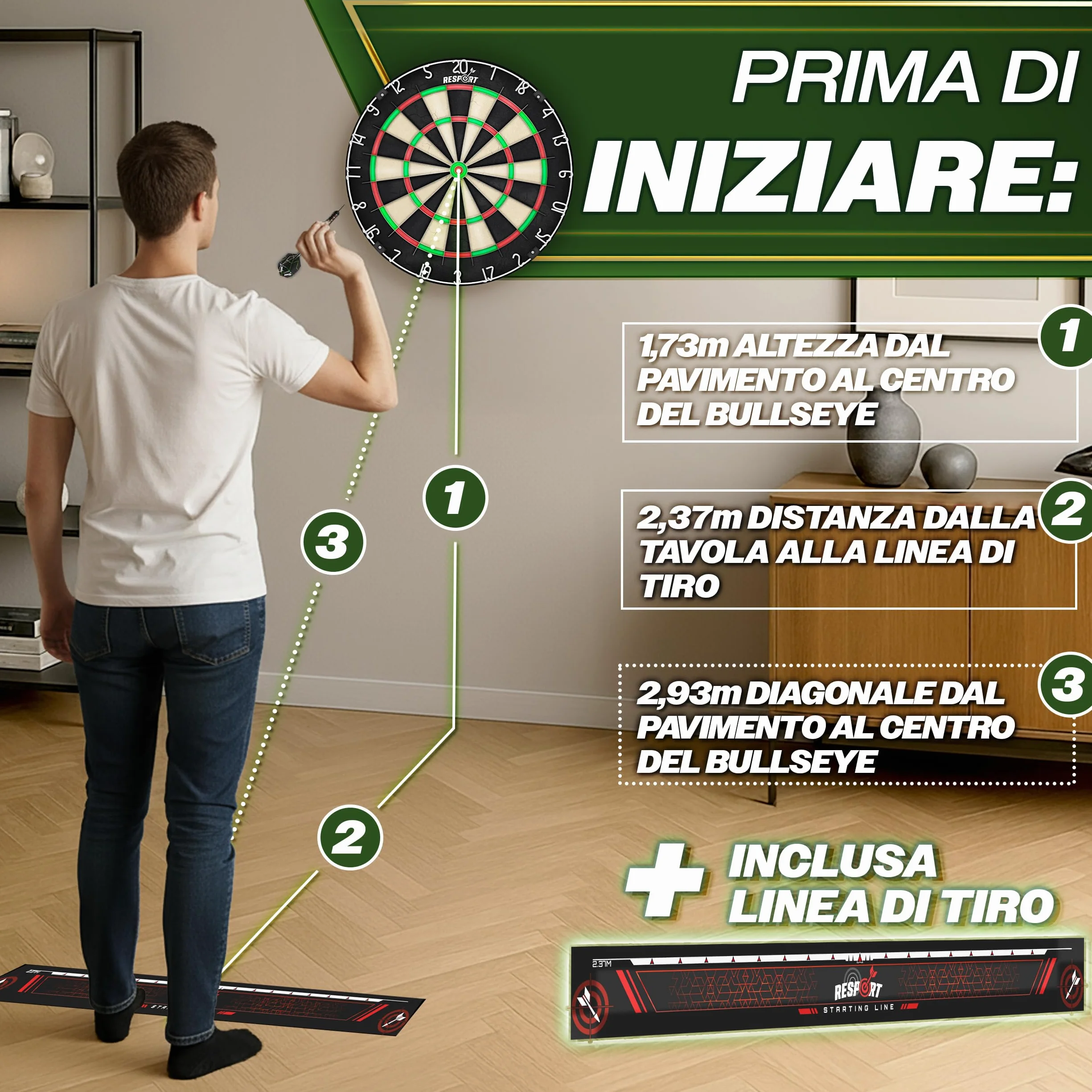 RE:SPORT® Bersaglio per freccette XXL in Sisal, set con 9 freccette professionali + accessori