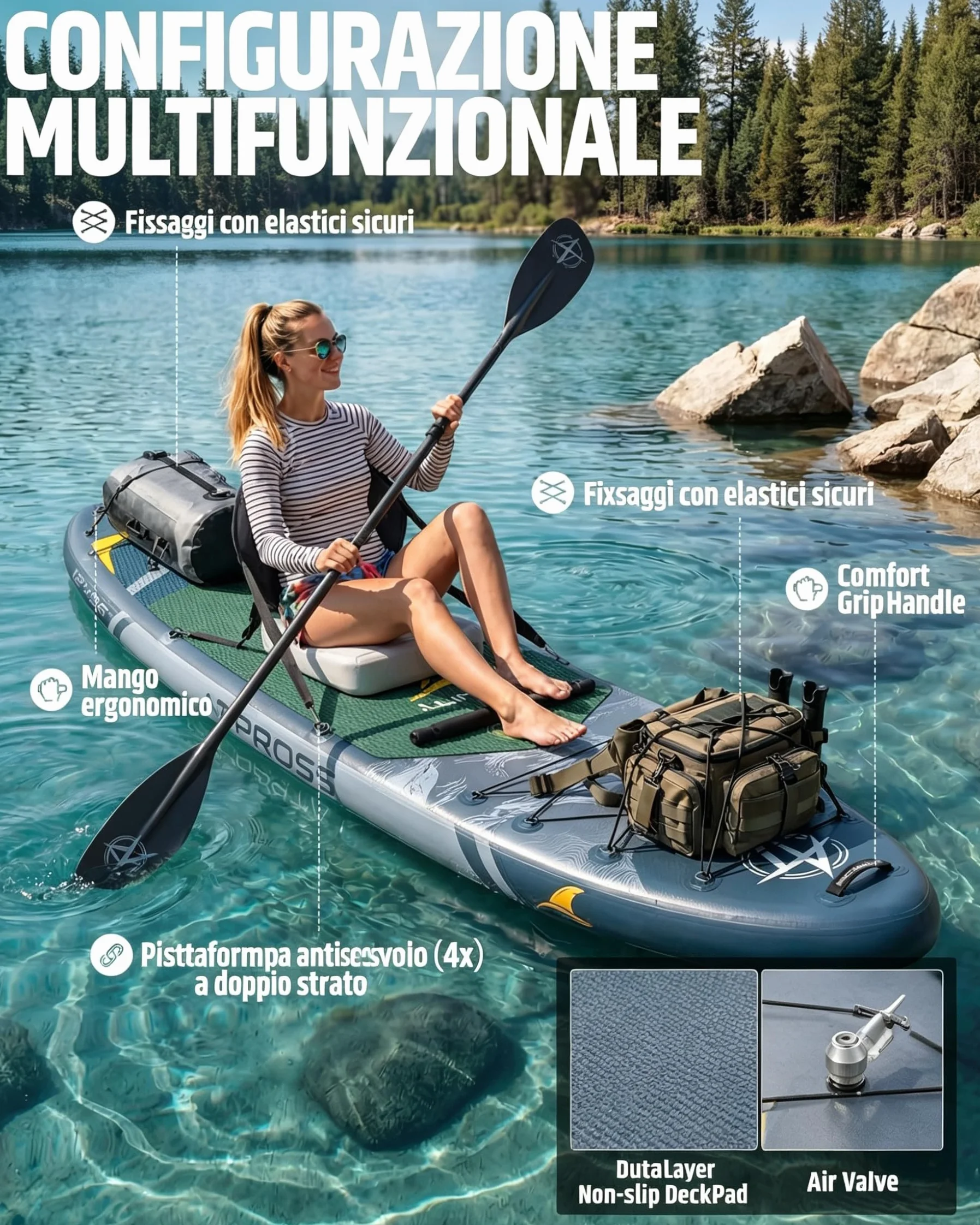 Tavola SUP Gonfiabile con Sedile Kayak e Accessori, 366x92cm Stand Up Paddle Extra Largo e Stabile, Portata 240kg, Canoa Gonfiabile 2 Posti per Yoga, Pesca e Surf