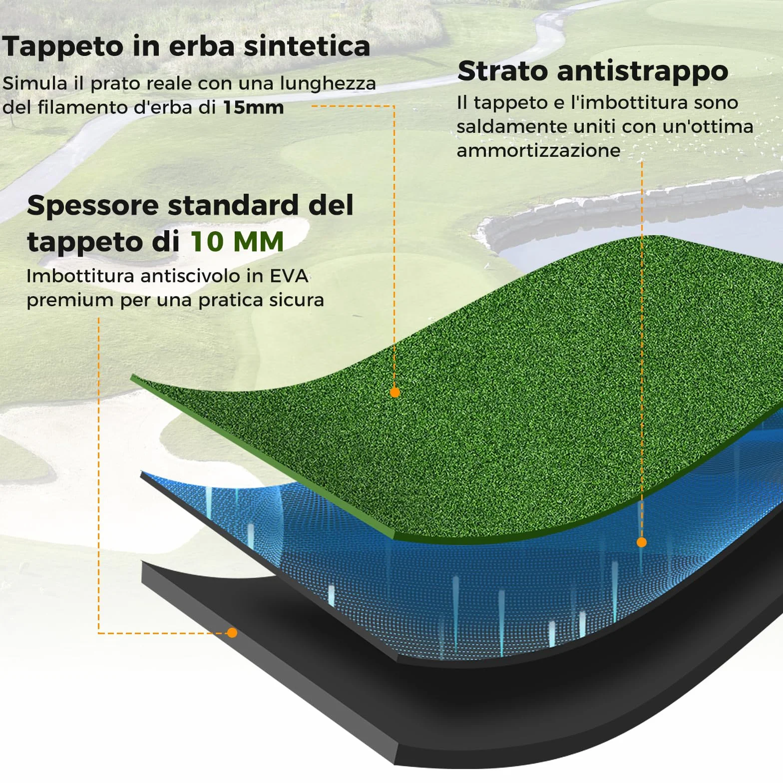 COSTWAY Tappetino da Allenamento Golf 3-in-1 con Erba Sintetica, 2 Punte e Astine di Allineamento