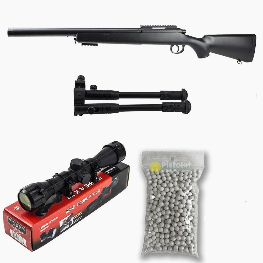 PACK completo softair M52 Sniper Double Eagle/Sniper a molla/Plastica ad alta resistenza/Ricarica manuale (1 Joule) -Consegnato con accessori