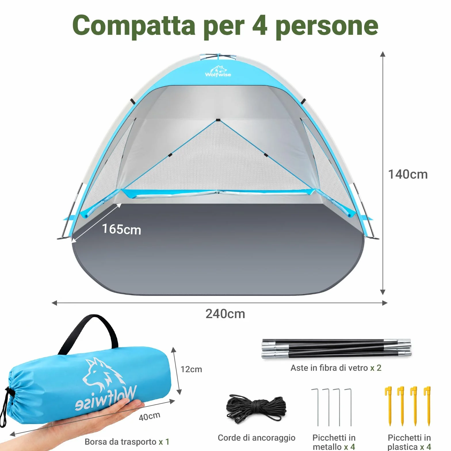 Wolfwise Tenda da Spiaggia UPF 50+ Famiglia Riparo Solare Anti-UV 3 Finestre Ventilate Pavimento Estensibile Borsa Trasporto 4 Persone Blu