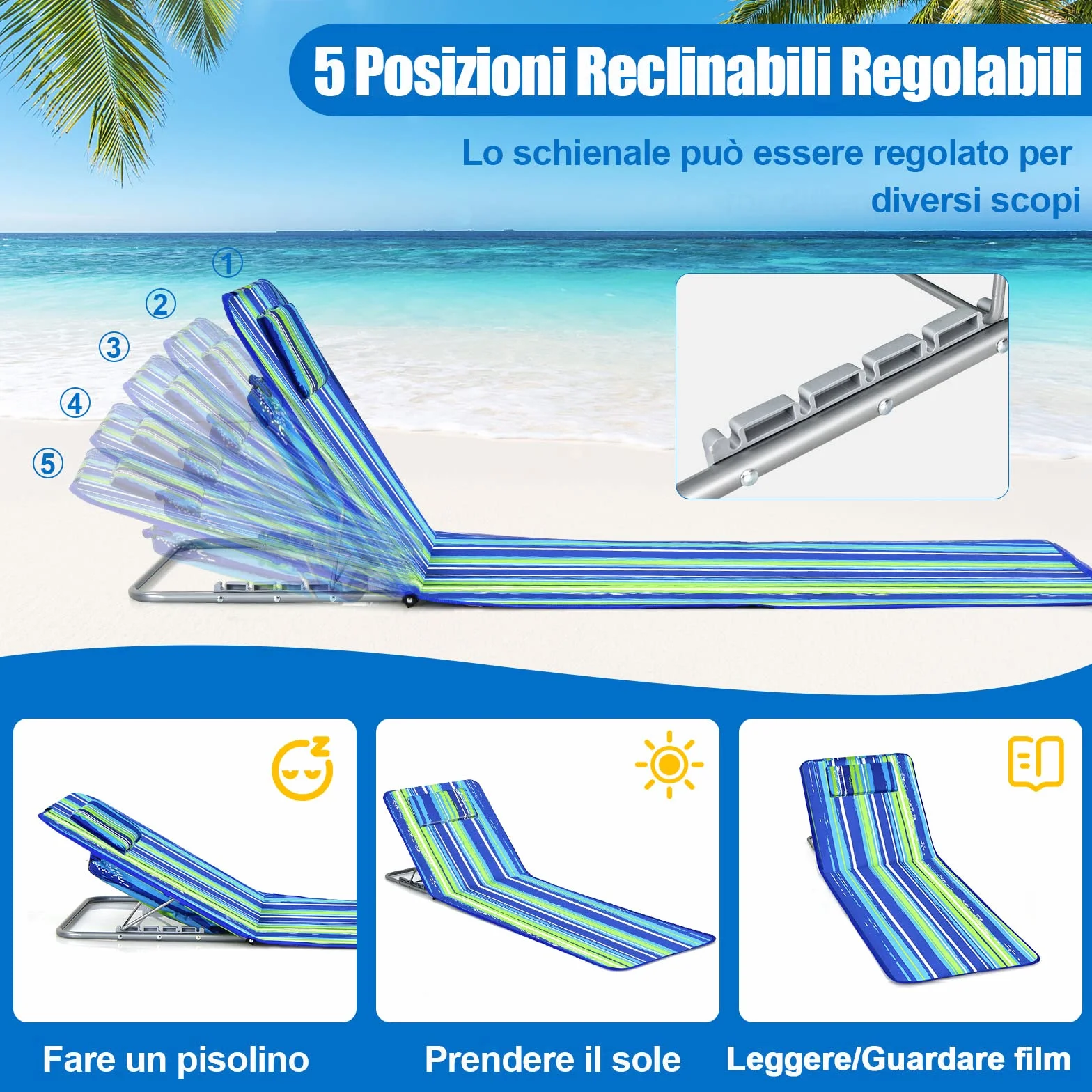 GYMAX Tappetino da Spiaggia Reclinabile Set 2 Sedie e Tavolino Pieghevole Multifunzione Blu e Verde