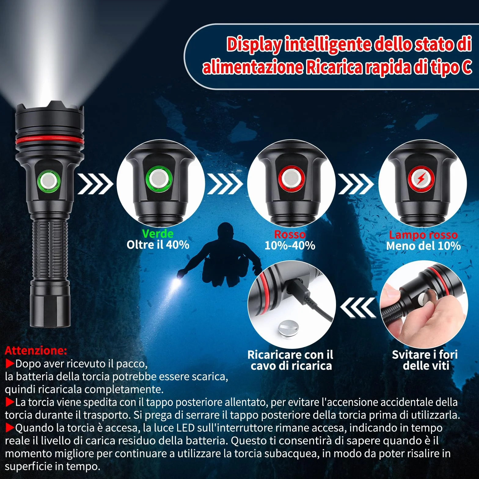 Torcia Subacquea 2000 Lumen IP68 100m USB-C Ricarica 6 Modalità