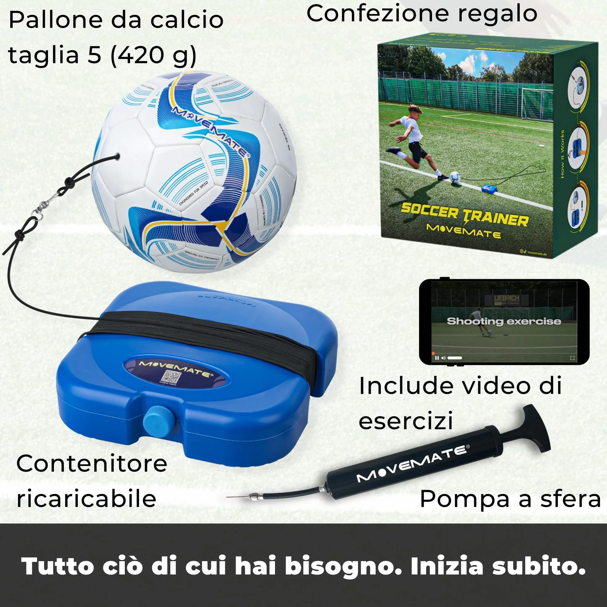 MOVEMATE Set di allenamento per calcio, con corda, ideale come regalo da calcio per ragazzi, strumento di allenamento innovativo per esterni, in giardino, sul campo da calcio