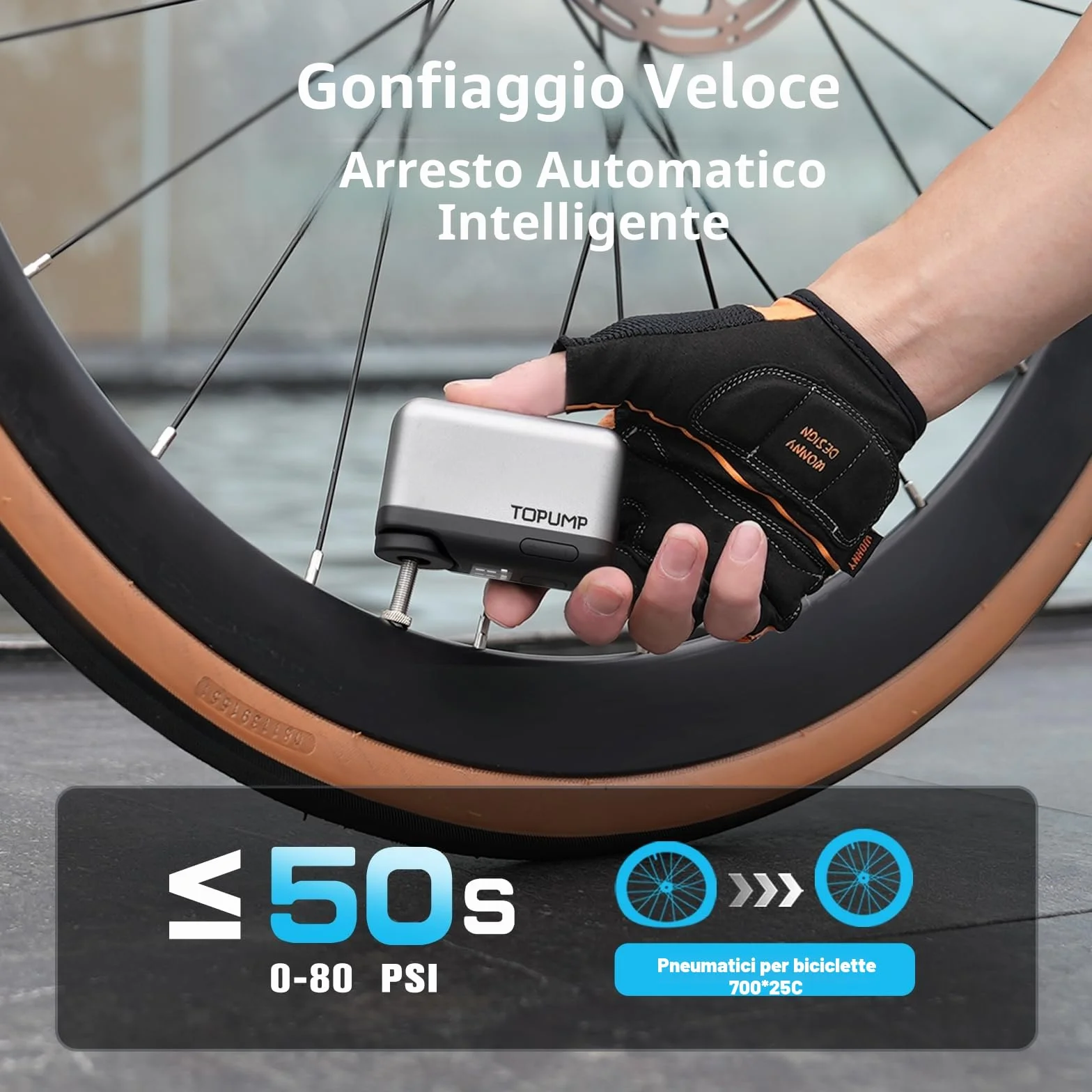 TOPUMP Mini Pompa Elettrica per Bicicletta 120 PSI con Manometro, Valvola Presta e Schrader, Auto Stop
