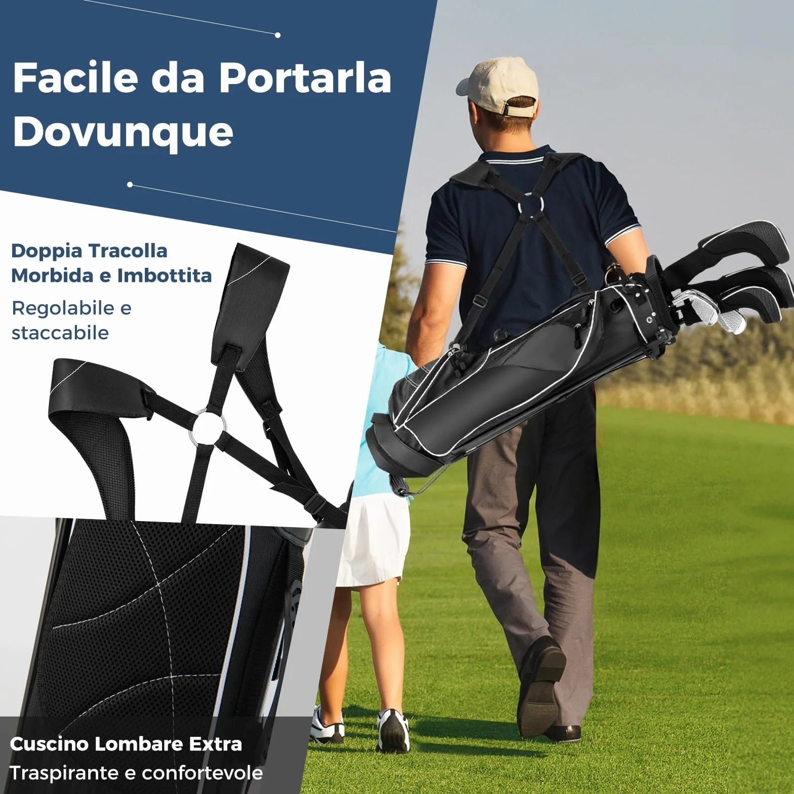 COSTWAY Sacca da Golf con Supporto, Borsa a 4 Scomparti con 4 Tasche, Borsa Frigo, Tracolla Doppia, Cappuccio Antipioggia