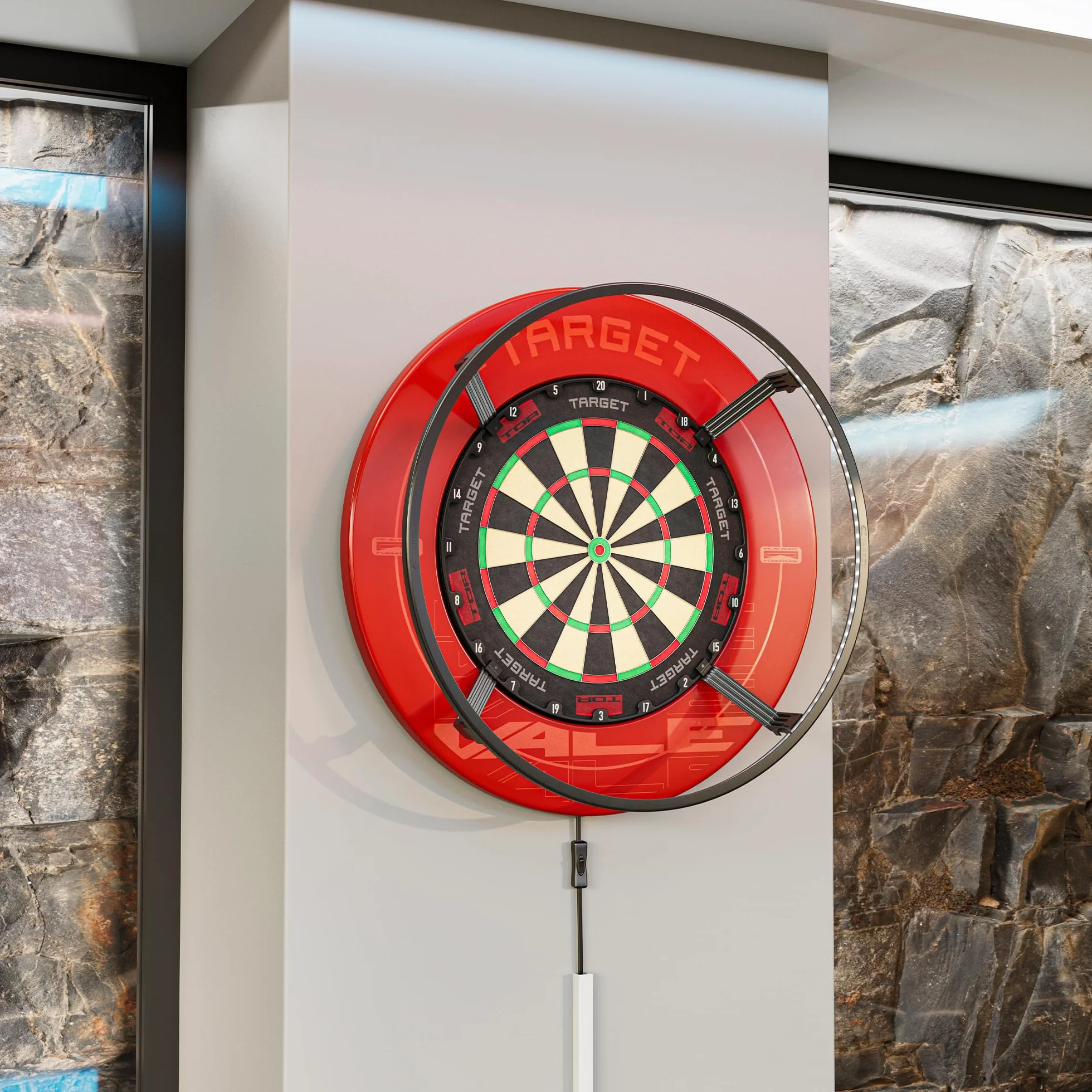 Target Darts Corona Vision Dartboard LED Illuminazione Nero Anello Luminoso Bianco Bersaglio Freccette Piedini Magnetici