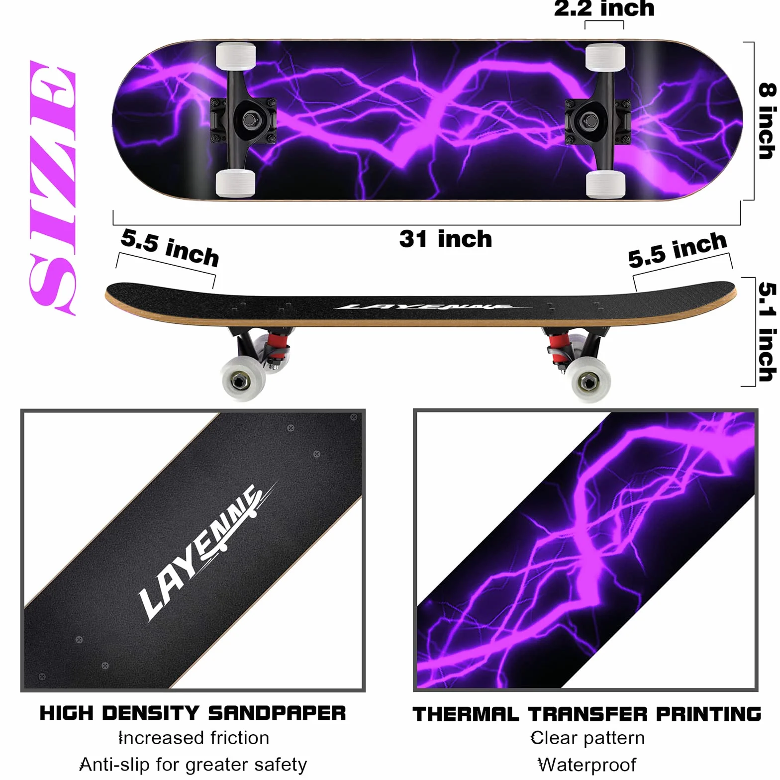 LAYENNE Skateboard,skateboard completo professionale da 31 * 8 pollici,tavola skateboard 7 strati acero,Staffa ABEC-11,adatto per adulto, principianti, ragazzi, ragazze, adolescenti e bambino
