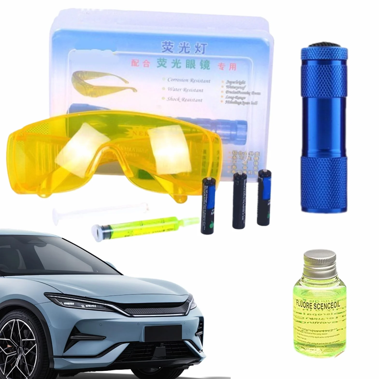 Kit Rilevatore di Perdite Aria Condizionata Auto Kit Rivelatore Di Perdita Fluorescente Detetion Kit Con E Occhiali Di Sicurezza - Kit Di Rilevamento Di Perdite Di Aria Condizionata Per Auto
