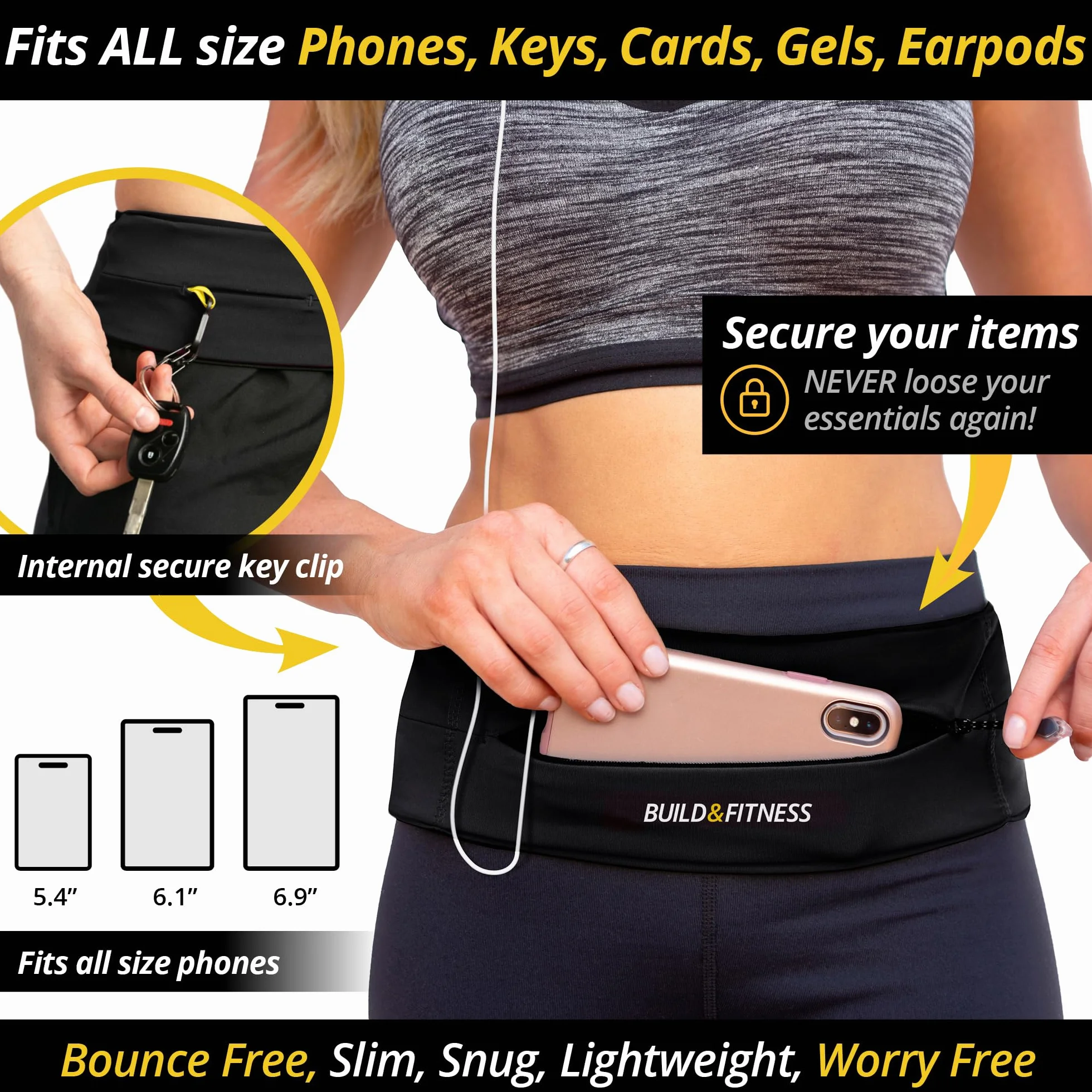 Marsupio Running Build & Fitness con Cerniera e Portachiavi Leggero Sportivo per Cellulare