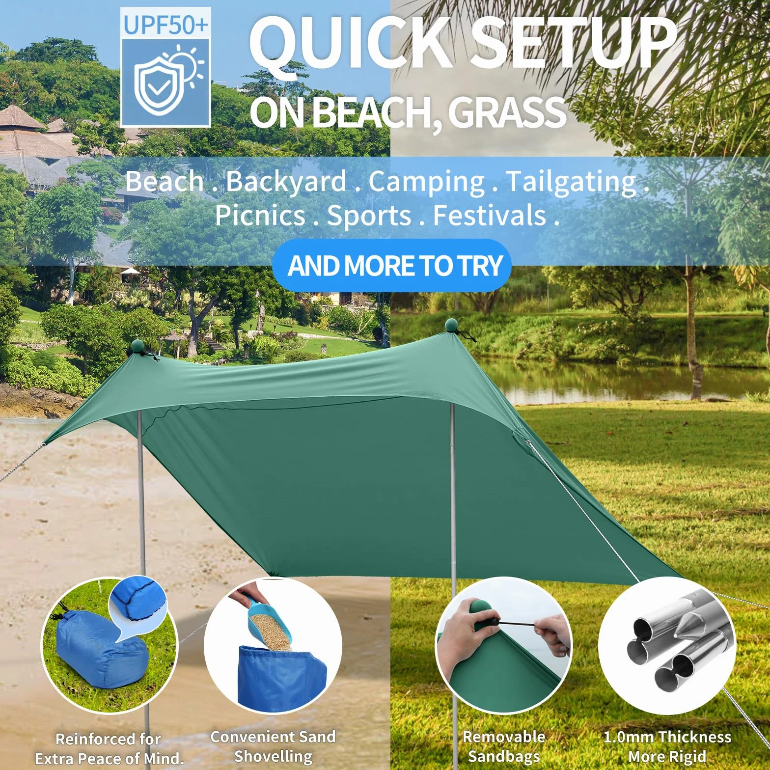 JAICOM Tenda da spiaggia, 2.1m x 2.1m Parasole Portatile, Protezione UV UPF 50+, Adatto per l'ombra in Spiaggia, il Campeggio, la Pesca e il Patio