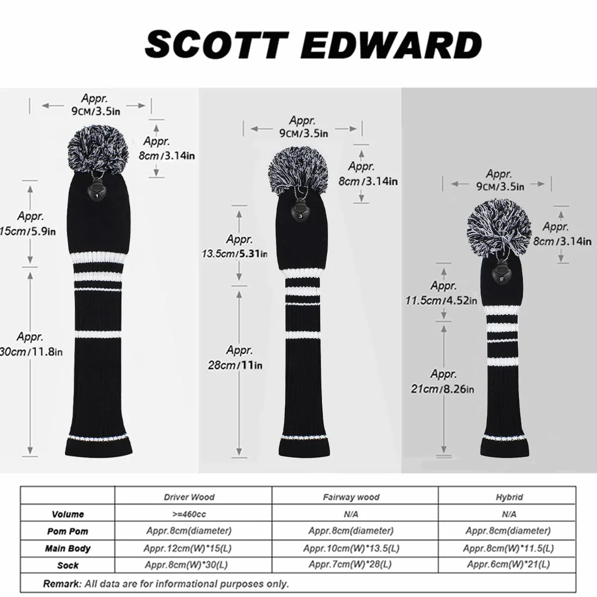 Scott Edward Set di 4 Copritesta da Golf in Legno Lavorato a Maglia per Driver (460CC) Fairway Hybrid/UT