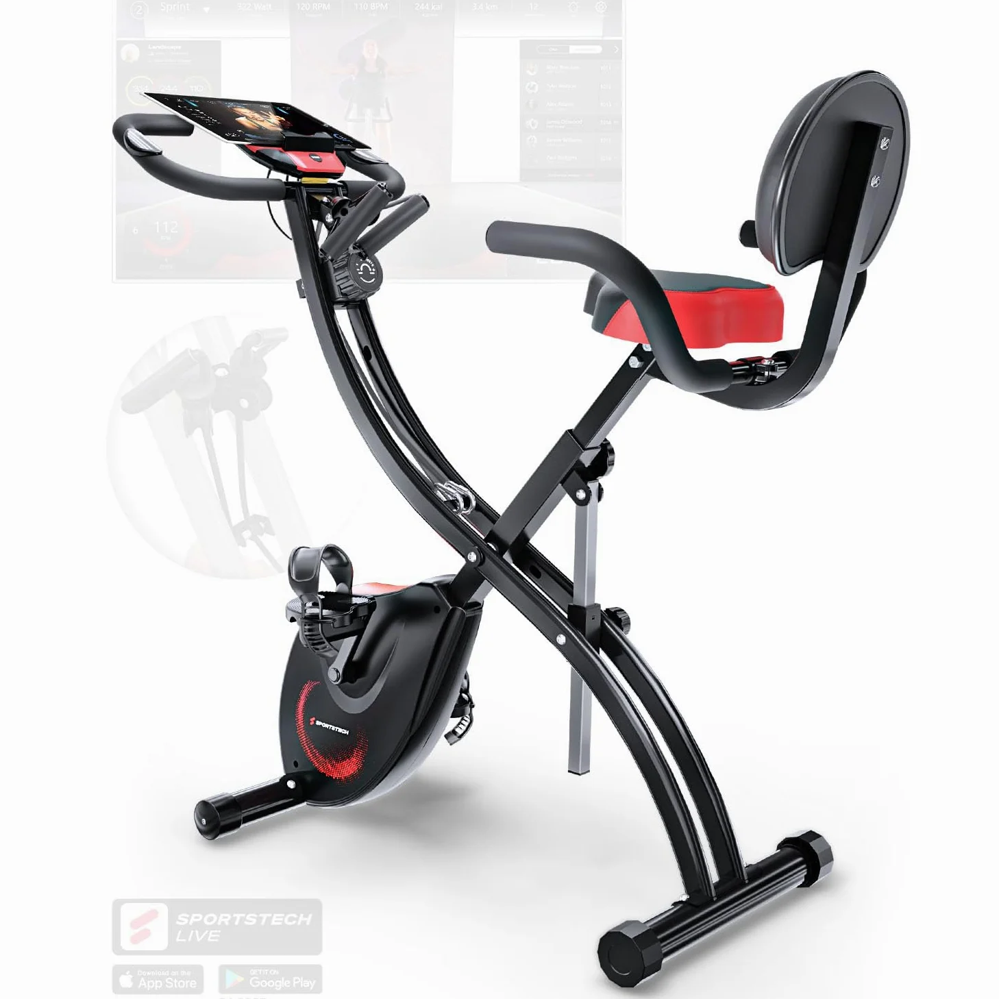 Sportstech 3in1 Premium Cyclette con eventi video e app multiplayer | Bicicletta pieghevole con sedile confortevole e sensori di pulsazioni | Corde elastiche fitness | Bicicletta da casa X150