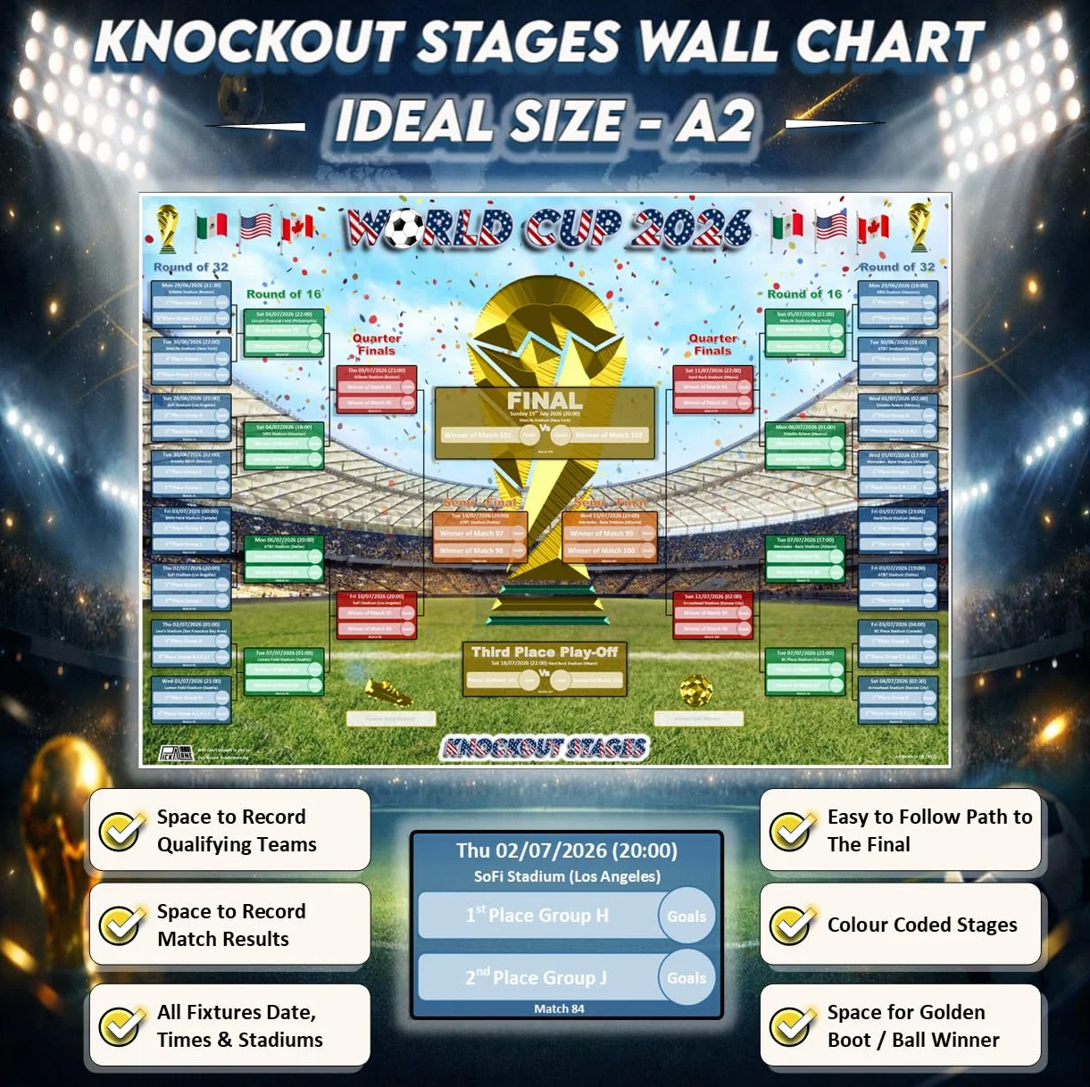 World Cup 2026 Wall Chart & Sweepstake Kit – Calcio Wall Planner z posterem, rejestrem A4 i 48 biletami