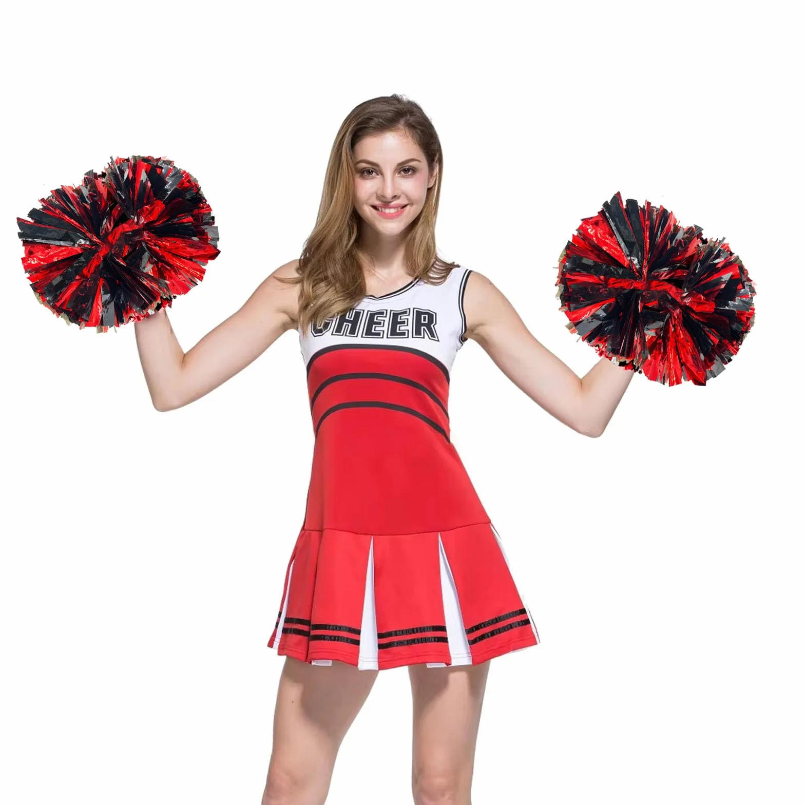 Pompon cheerleader neri e rossi 30,5 cm metallizzati con manico a bacchetta
