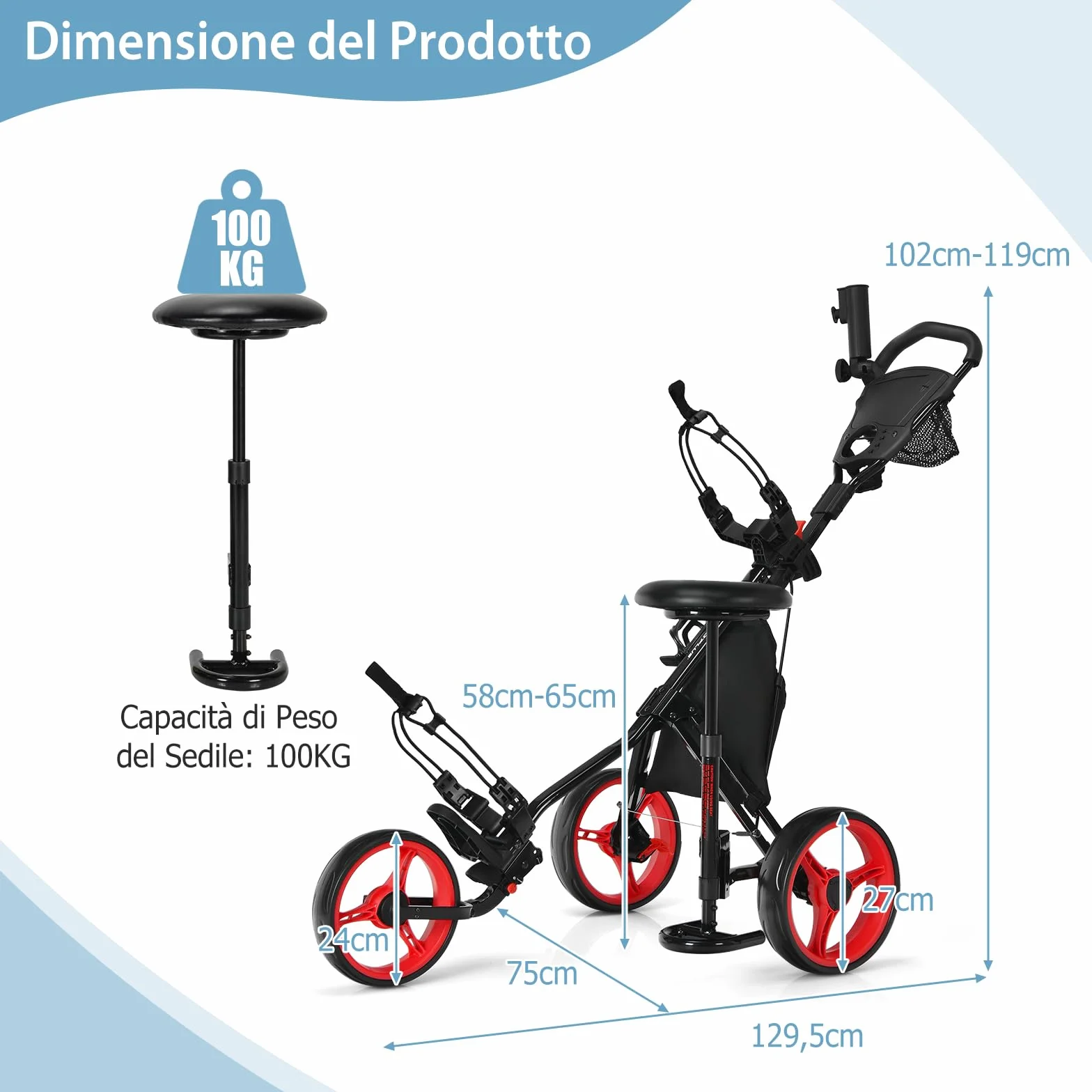 COSTWAY Carrello da Golf Pieghevole 3 Ruote, Trolley Altezza Regolabile Alluminio con Sedile, Porta Ombrello e Porta Bevande