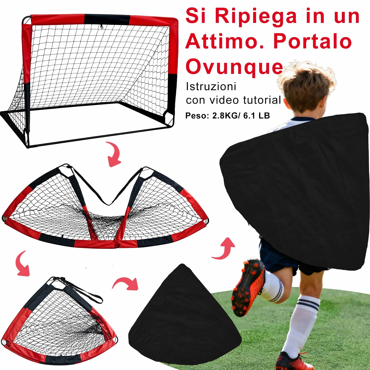 Porta da calcio pieghevole 2 in 1 per bambini con borsa trasporto