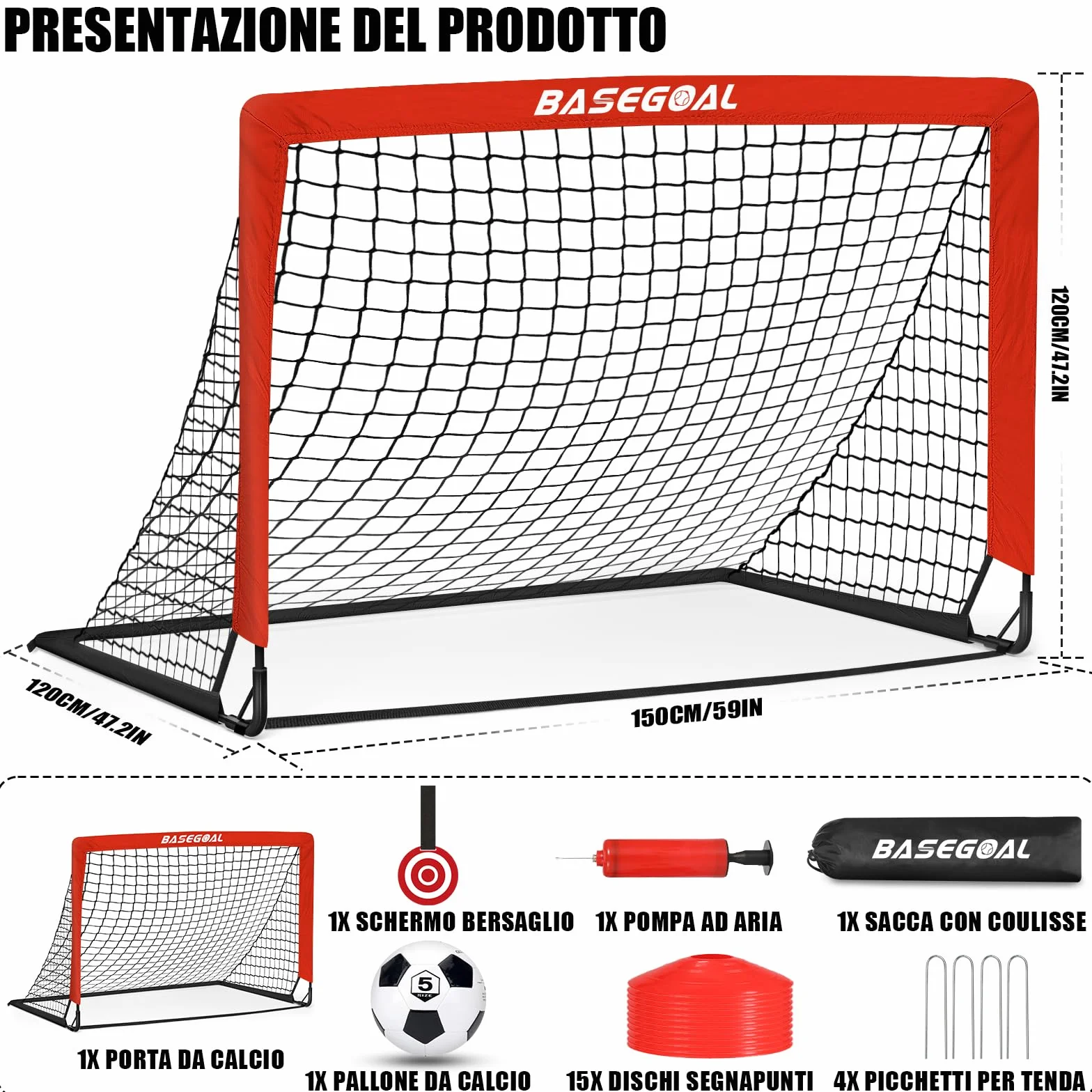 Porta da Calcio 150x120cm con Aste in Fibra di Vetro e Reti per Giardino