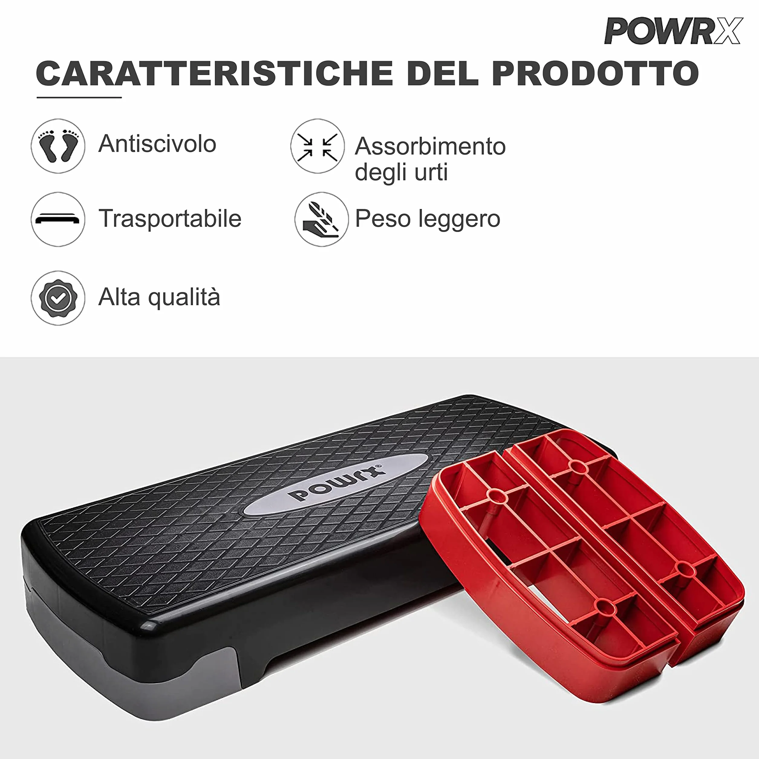 POWRX Step da aerobica 68 x 28,5 cm Stepper fitness Altezza regolabile superficie antiscivolo Nero Rosso