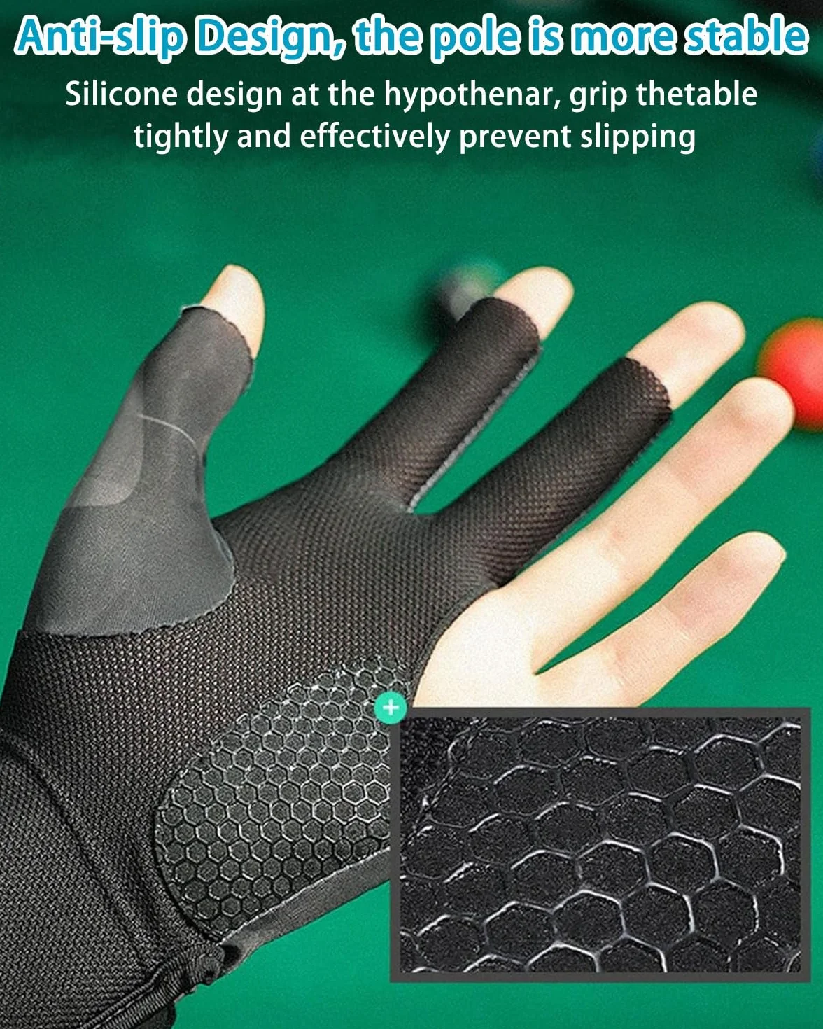 Guanto biliardo sinistro 3 dita antiscivolo nero