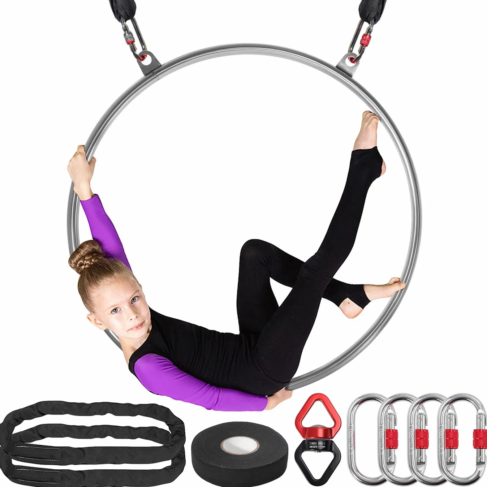 DASKING Cerchio Aereo 2 Punti, 80 85 90cm in Acciaio Inox Set con Borsa Portatile Resistente, capacità 226kg, Aerial Hoop Kit per Yoga sartiame per Fitness, Circo, Allenamento, acrobazie e Danza